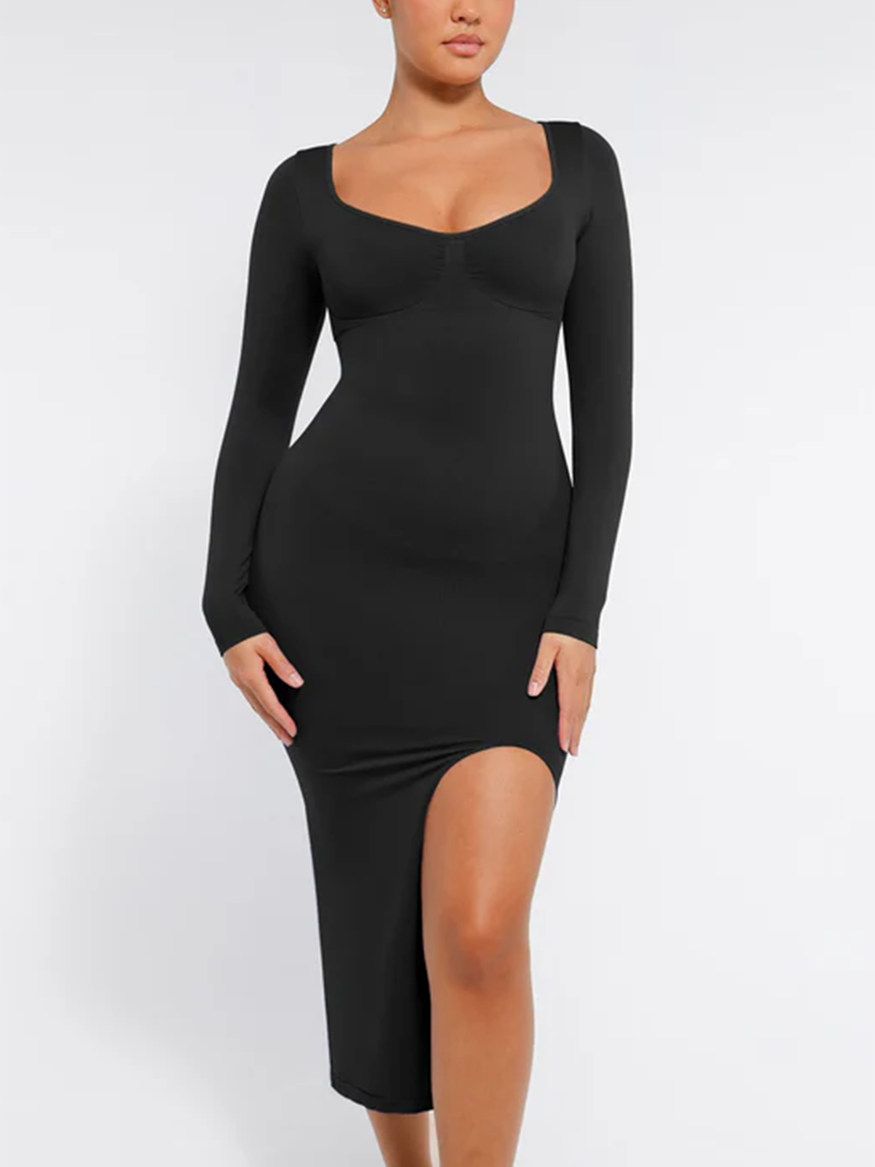 Feelingirl Nahtloses, langärmliges Shaper-Kleid mit herausnehmbaren Polstern und hohem Schlitz