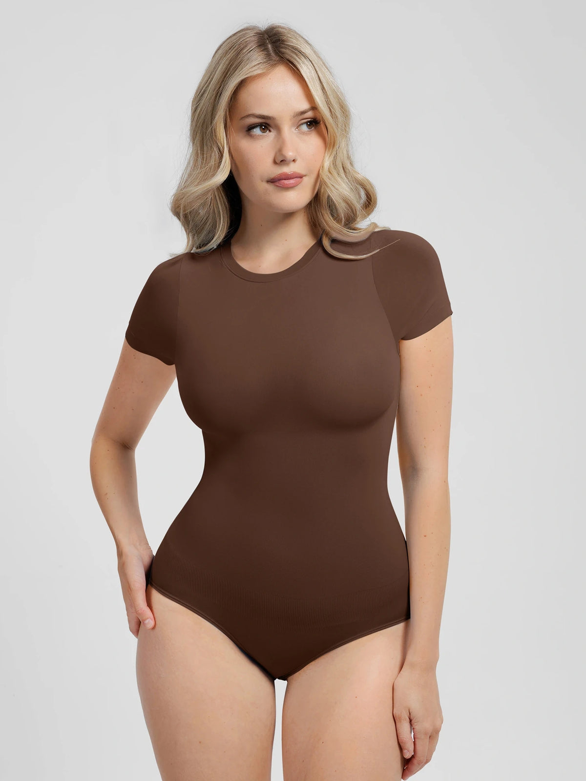 Feelingirl Buttery-Soft Seamless Crew Neck Bodysuit – Light Tummy Control, Beige