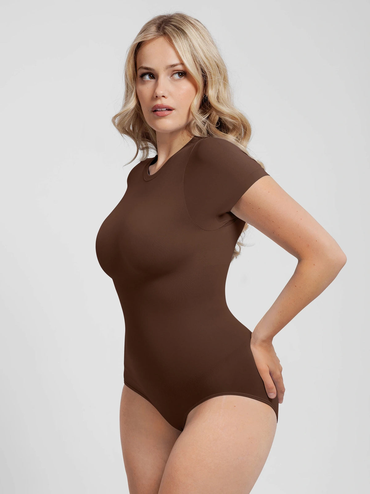 Feelingirl Buttery-Soft Seamless Crew Neck Bodysuit – Light Tummy Control, Beige