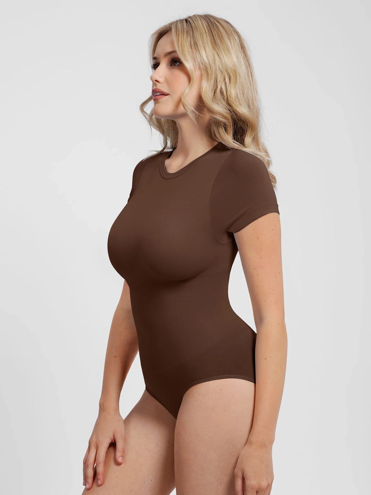 Feelingirl Buttery-Soft Seamless Crew Neck Bodysuit – Light Tummy Control, Beige