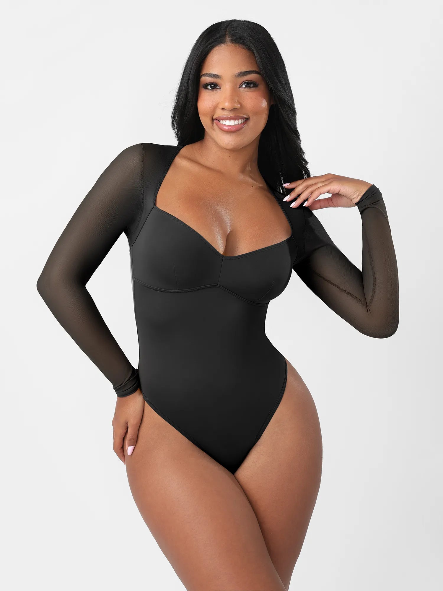 mesh overlay bodysuit dress Feelingirl Mesh Panel V-Neck Thong Bodysuit