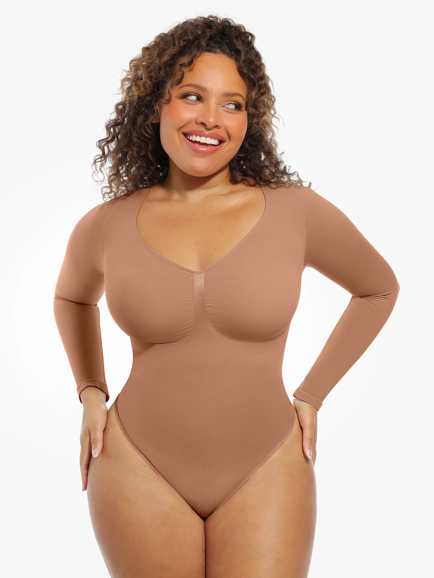 Long Sleeve Tummy Control Thong Bodysuit | Feelingirl