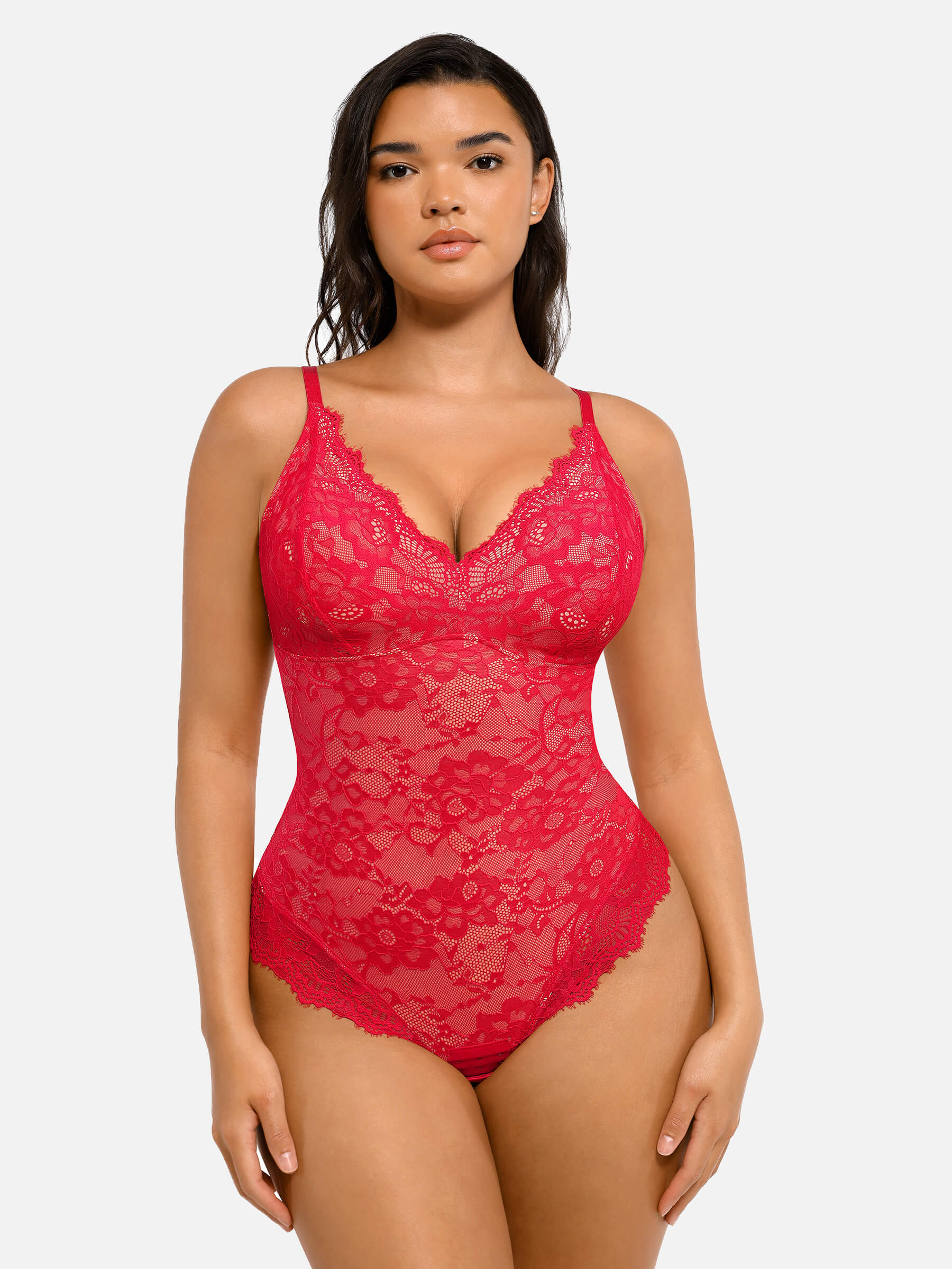 Feelingirl Lace V Neck Full Thong Bodysuit