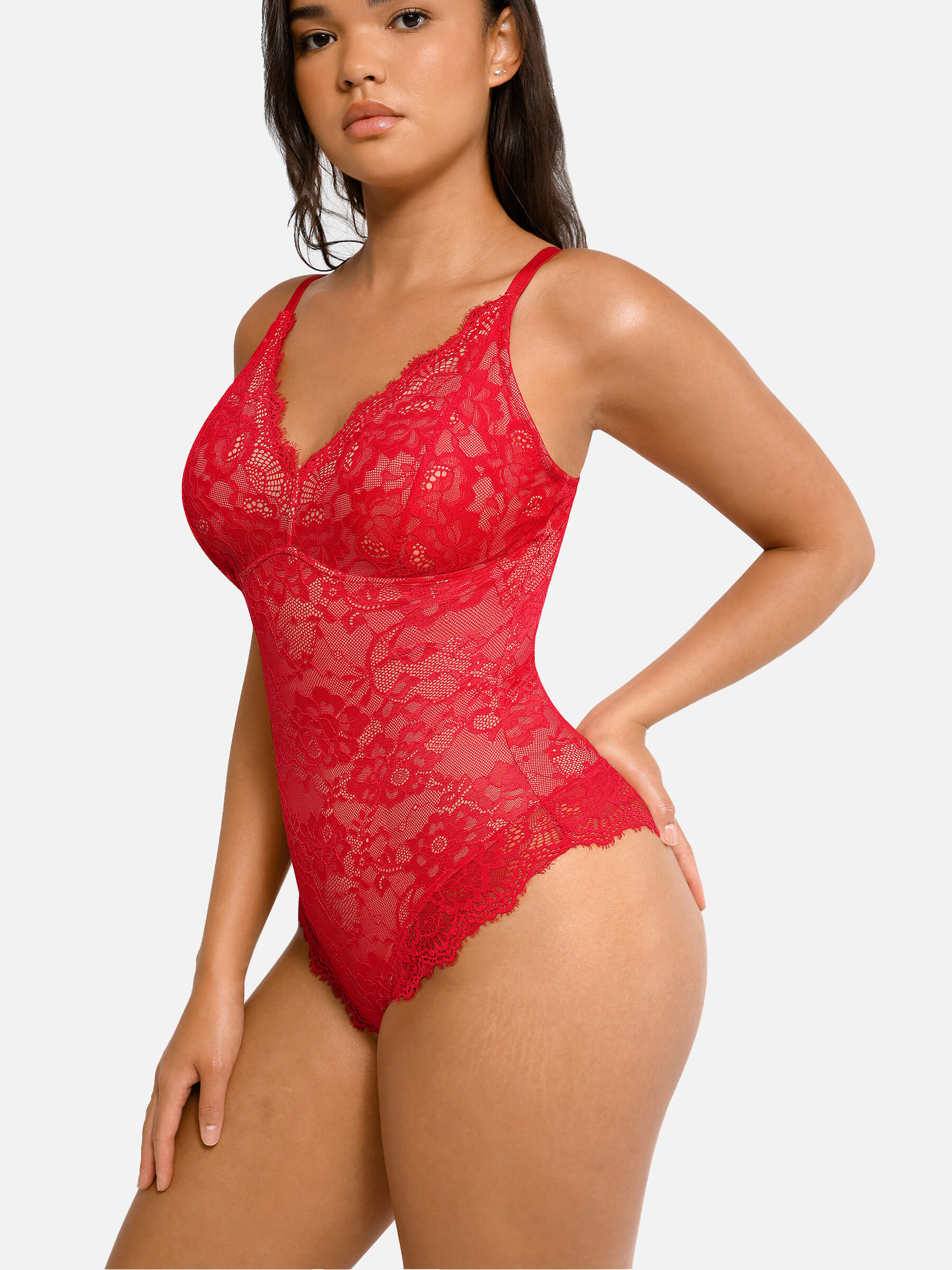 Feelingirl Lace V Neck Full Thong Bodysuit