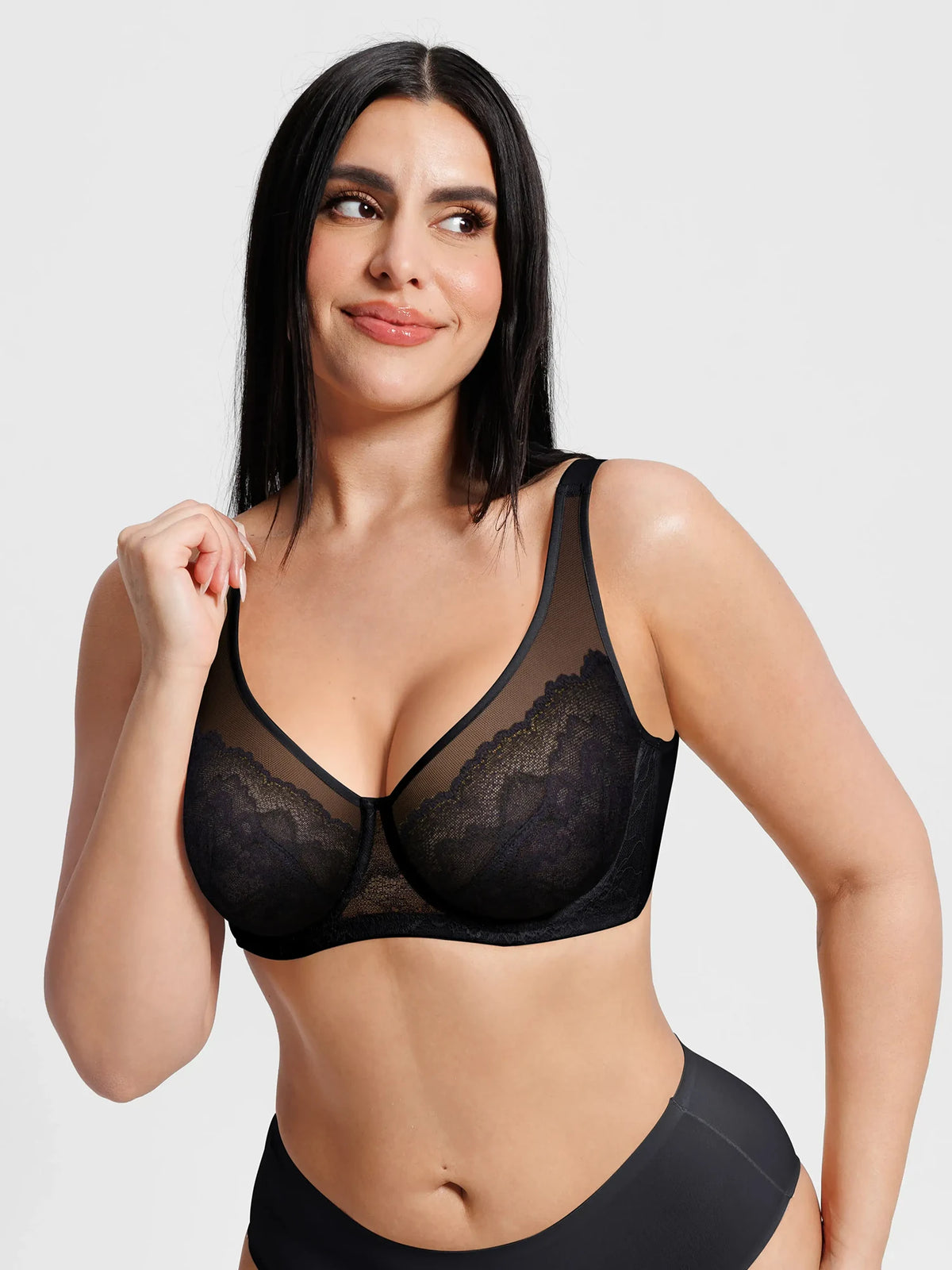 Feelingirl Lace Underwire Minimizer Bra – Unlined sheer cups, side smoothing, and breathable mesh for a naturally slimmer look.