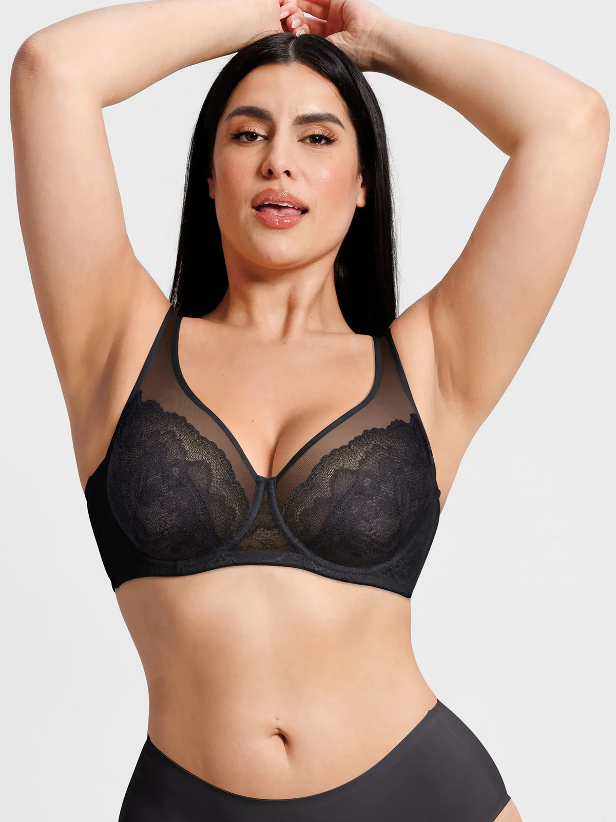 Feelingirl Lace Underwire Minimizer Bra – Unlined sheer cups, side smoothing, and breathable mesh for a naturally slimmer look.