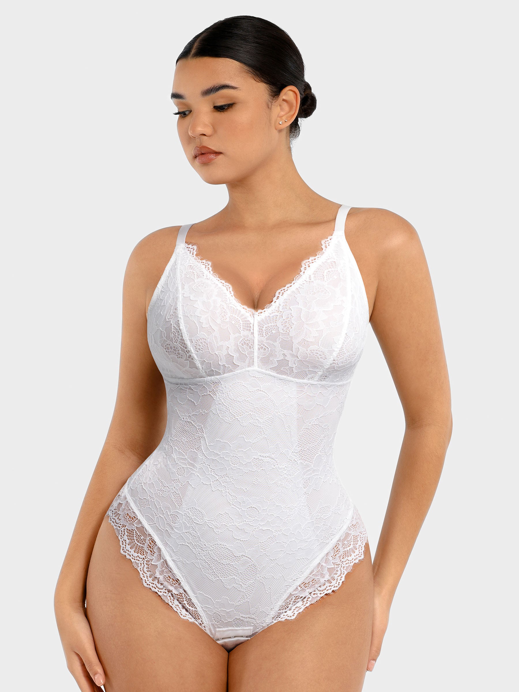 Feelingirl Lace V Neck Full Thong Bodysuit
