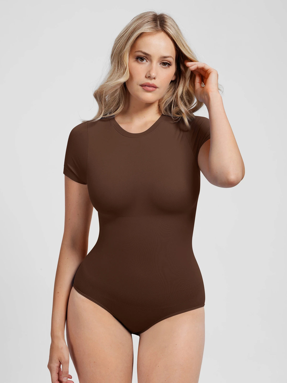 Feelingirl Buttery-Soft Seamless Crew Neck Bodysuit – Light Tummy Control, Beige