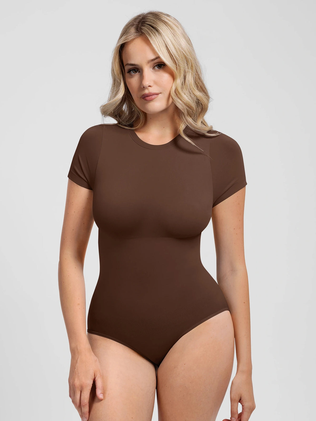 Feelingirl Buttery-Soft Seamless Crew Neck Bodysuit – Light Tummy Control, Beige