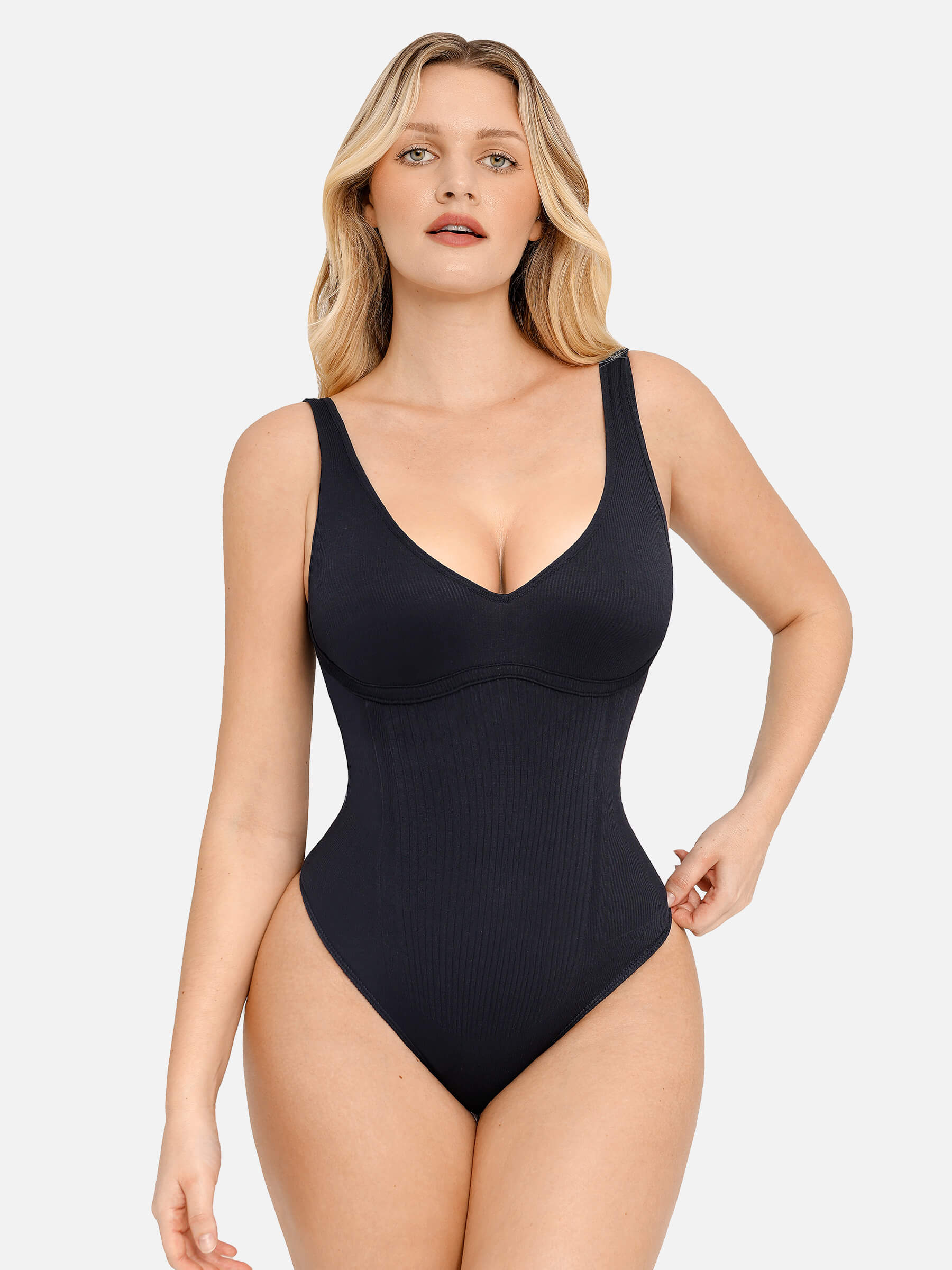 Feelingirl Tummy Control Slimming V Neck Thong Bodysuits