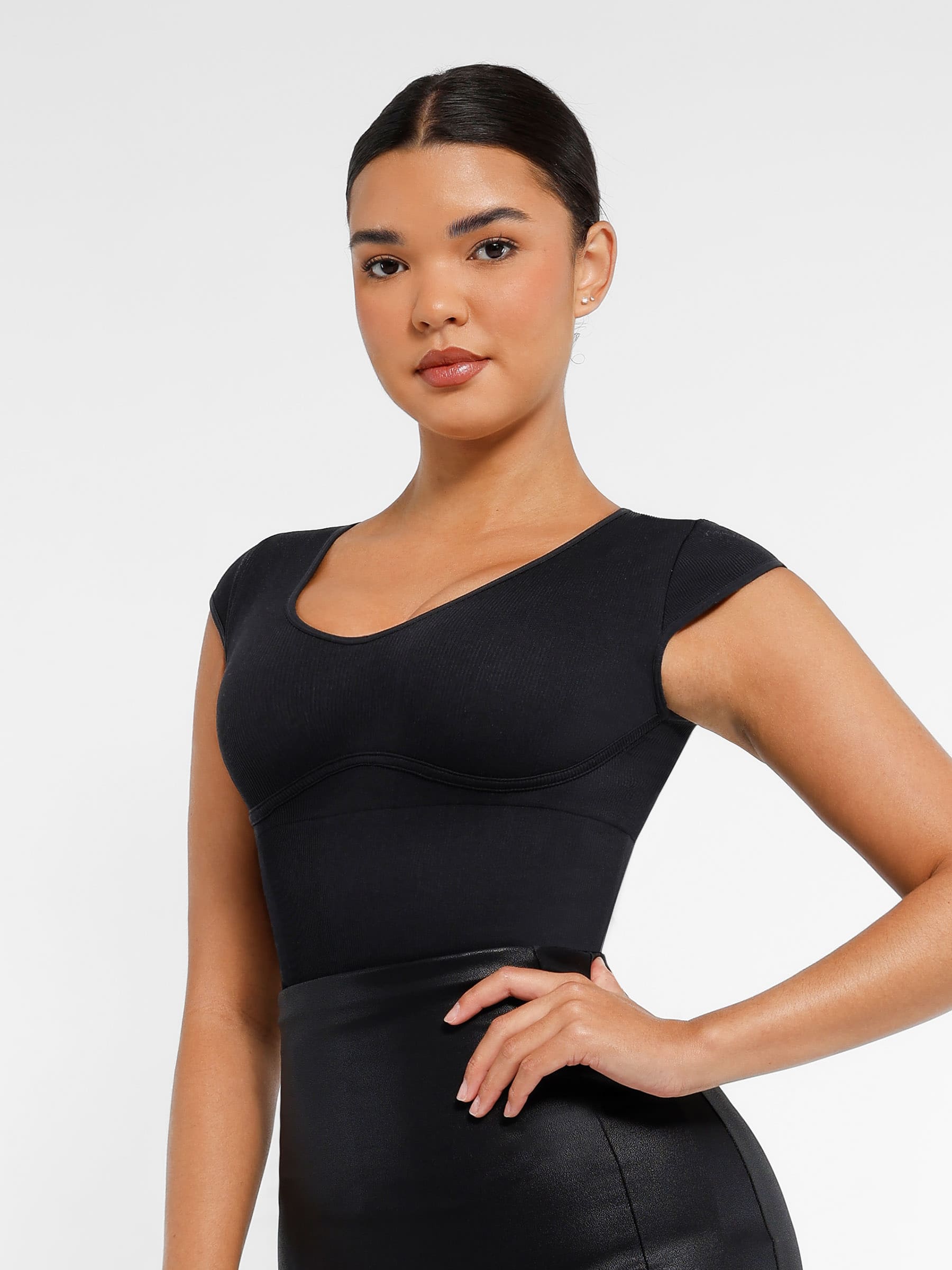 Feelingirl-Seamless-Deep-V-Tummy-Control-Bodysuit-with-Antimicrobial-Gusset-Removable-Cups-&-Built-In-Bra-Black