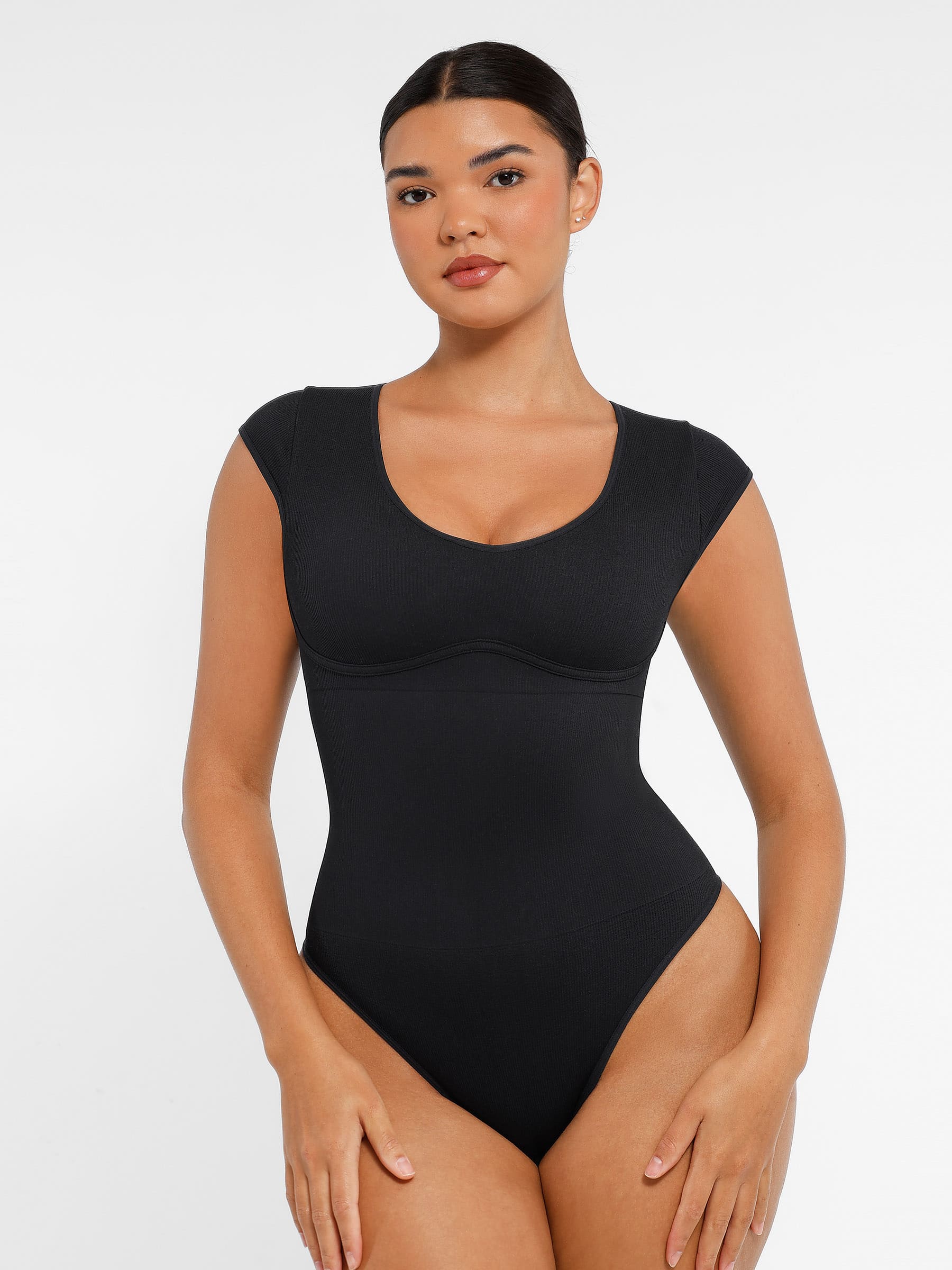 Feelingirl-Seamless-Deep-V-Tummy-Control-Bodysuit-with-Antimicrobial-Gusset-Removable-Cups-&-Built-In-Bra-Black