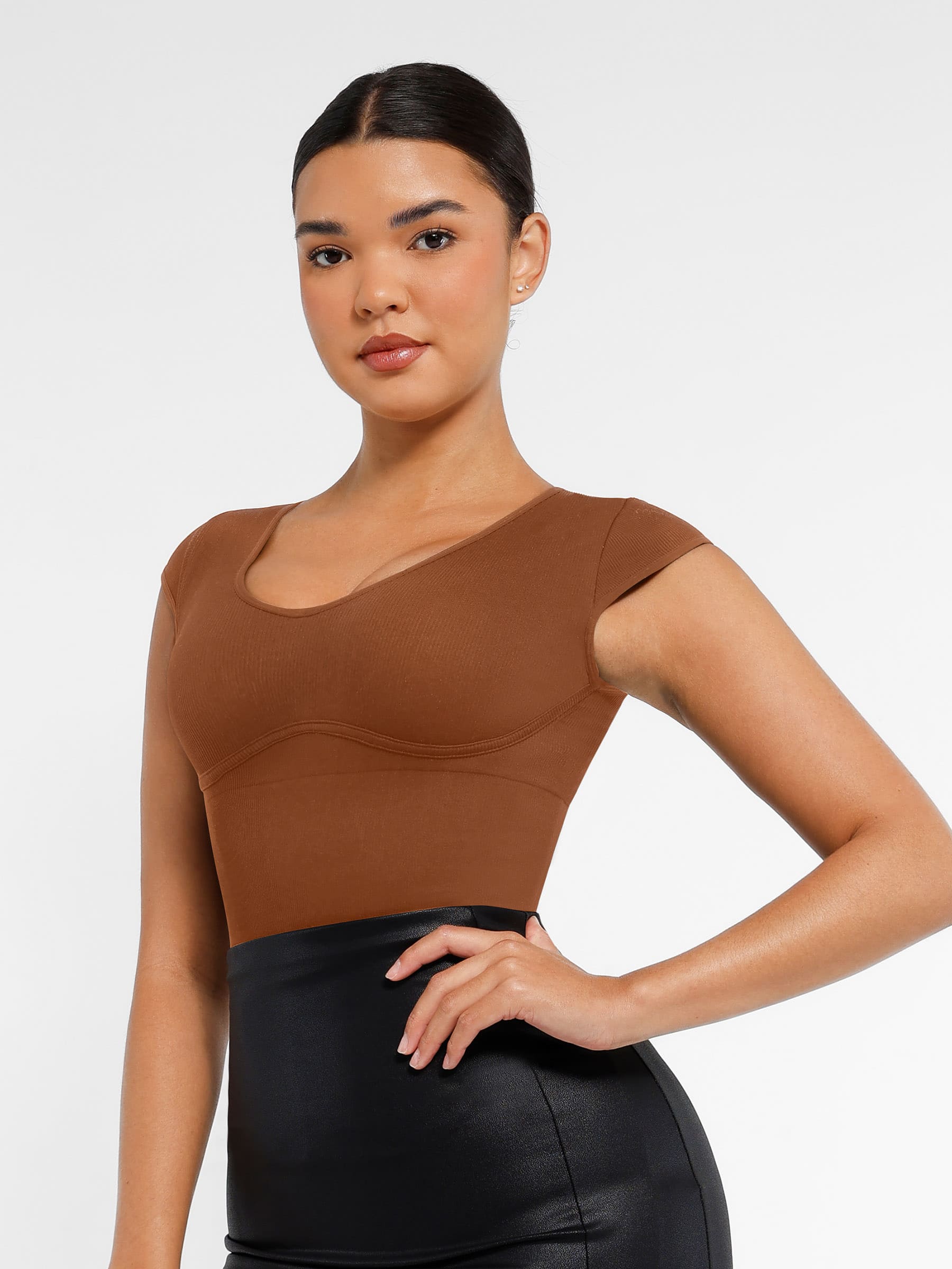 Feelingirl-Seamless-Deep-V-Tummy-Control-Bodysuit-with-Antimicrobial-Gusset-Removable-Cups-&-Built-In-Bra-Brown