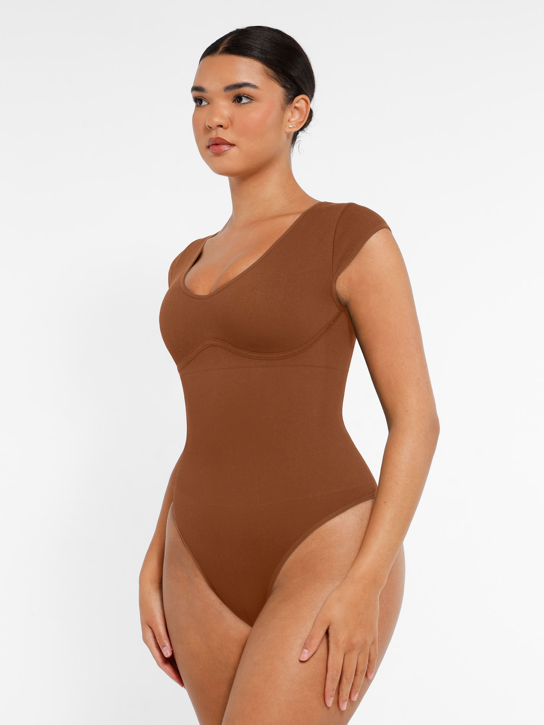 Feelingirl-Seamless-Deep-V-Tummy-Control-Bodysuit-with-Antimicrobial-Gusset-Removable-Cups-&-Built-In-Bra-Brown