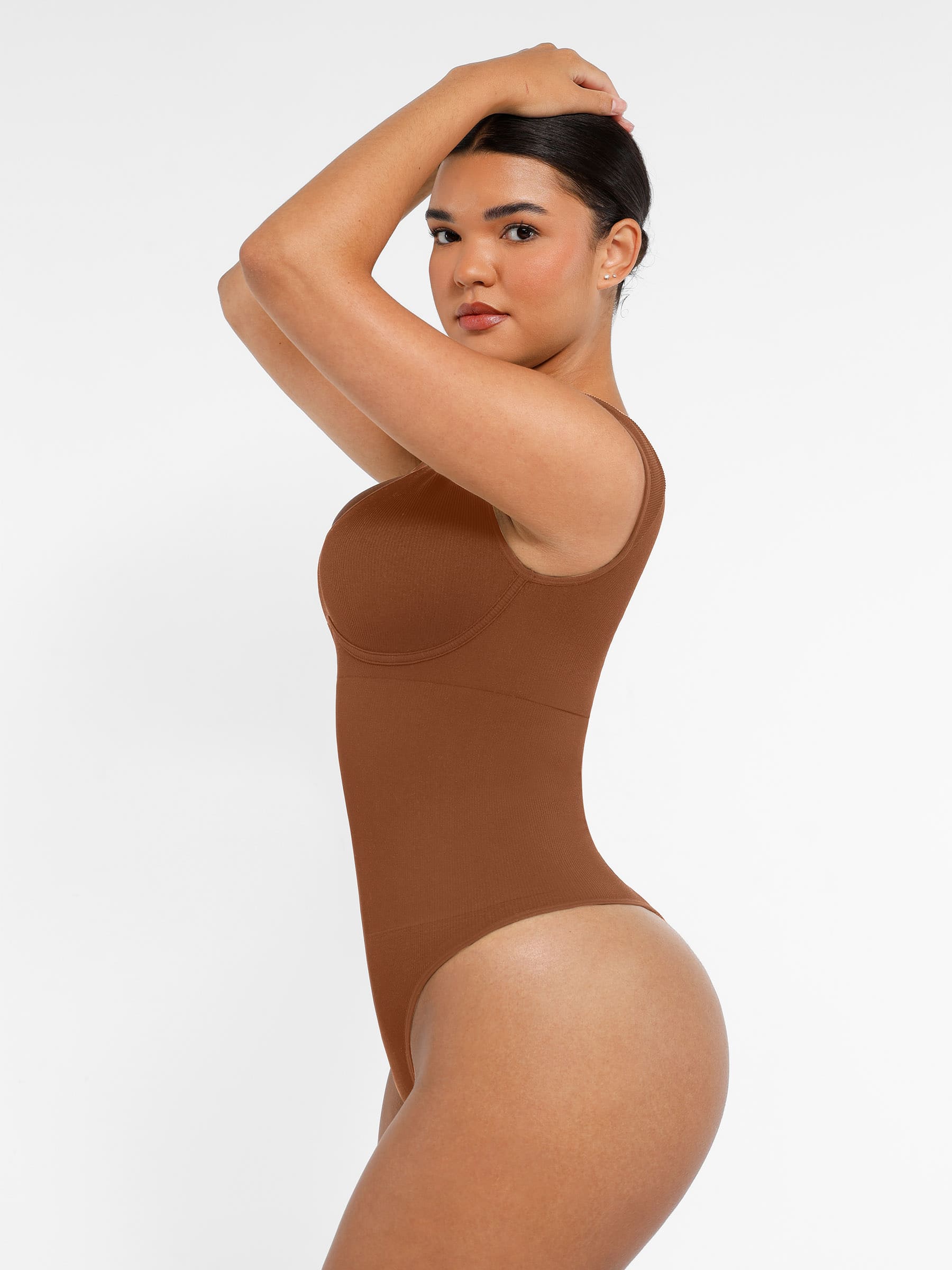 Feelingirl-Seamless-Deep-V-Tummy-Control-Bodysuit-with-Antimicrobial-Gusset-Removable-Cups-&-Built-In-Bra-Brown