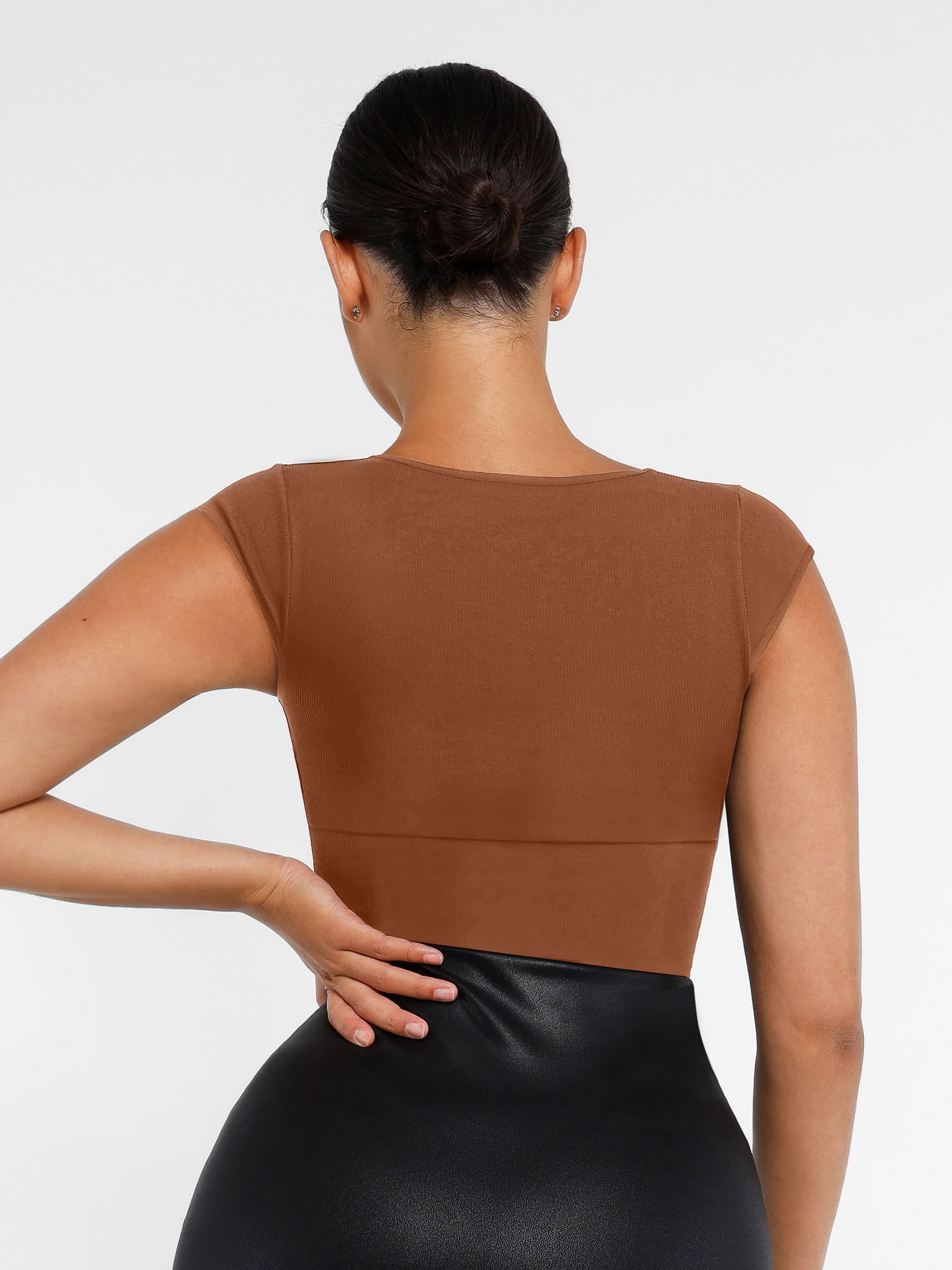 Feelingirl-Seamless-Deep-V-Tummy-Control-Bodysuit-with-Antimicrobial-Gusset-Removable-Cups-&-Built-In-Bra-Brown