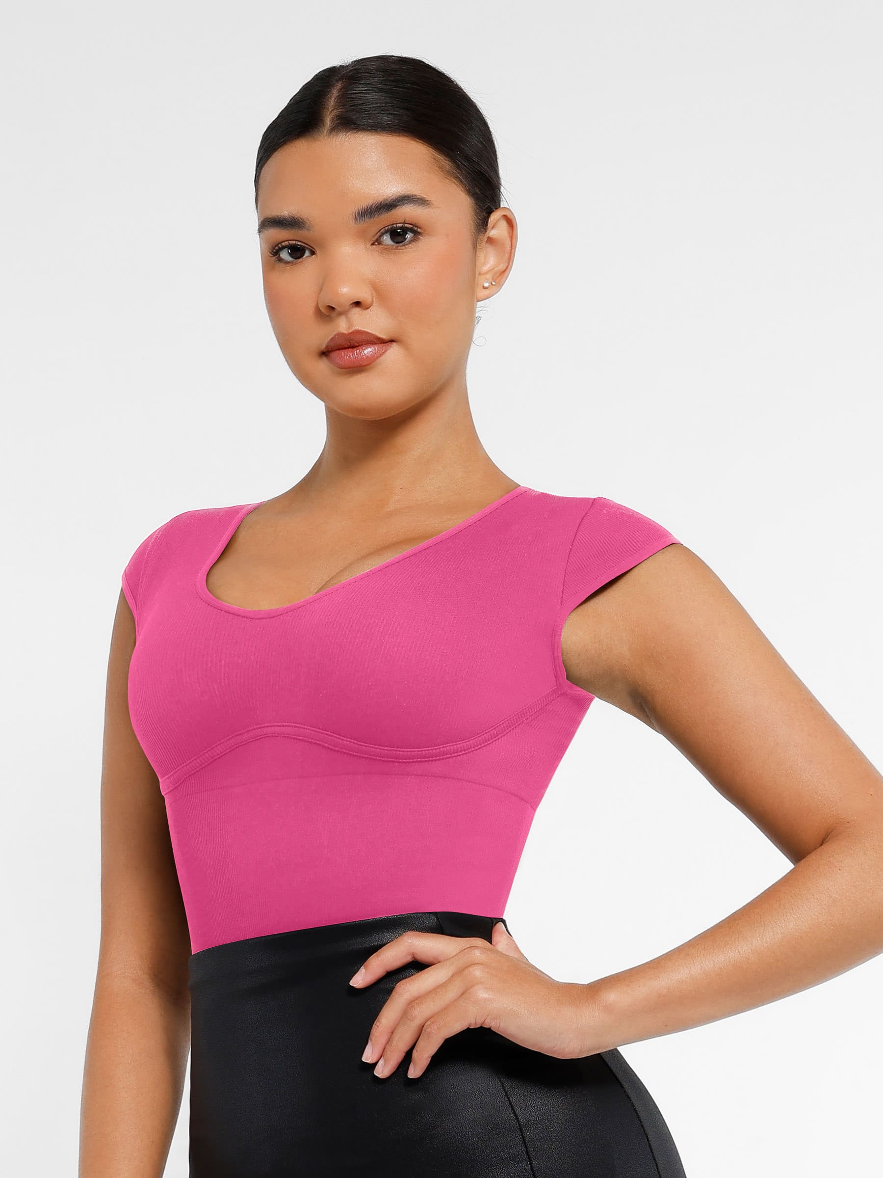 Feelingirl-Seamless-Deep-V-Tummy-Control-Bodysuit-with-Antimicrobial-Gusset-Removable-Cups-&-Built-In-Bra-Pink