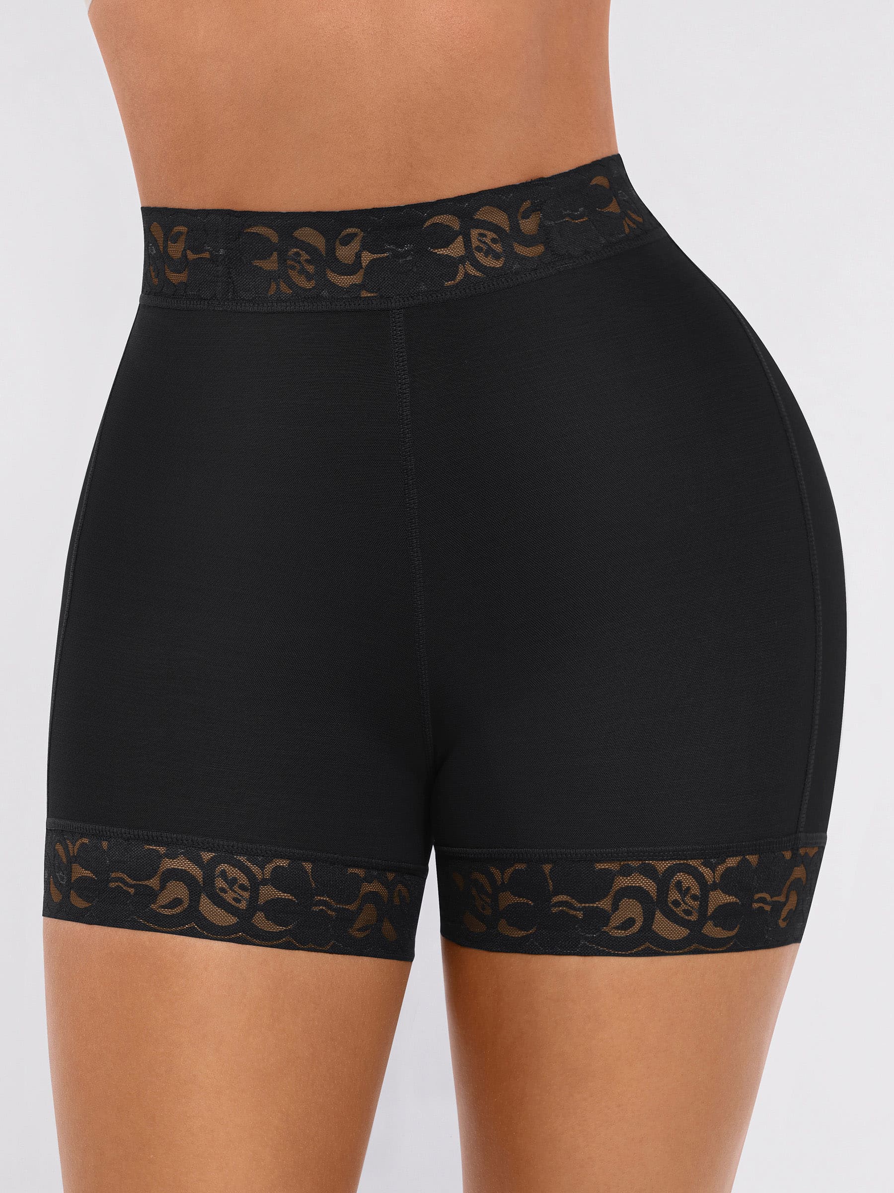 Feelingirl-High-Waist-Tummy-Control-with-Lace-Trim-&-Anti-Roll-Waistband-Body-Shaper-Shorts-Black