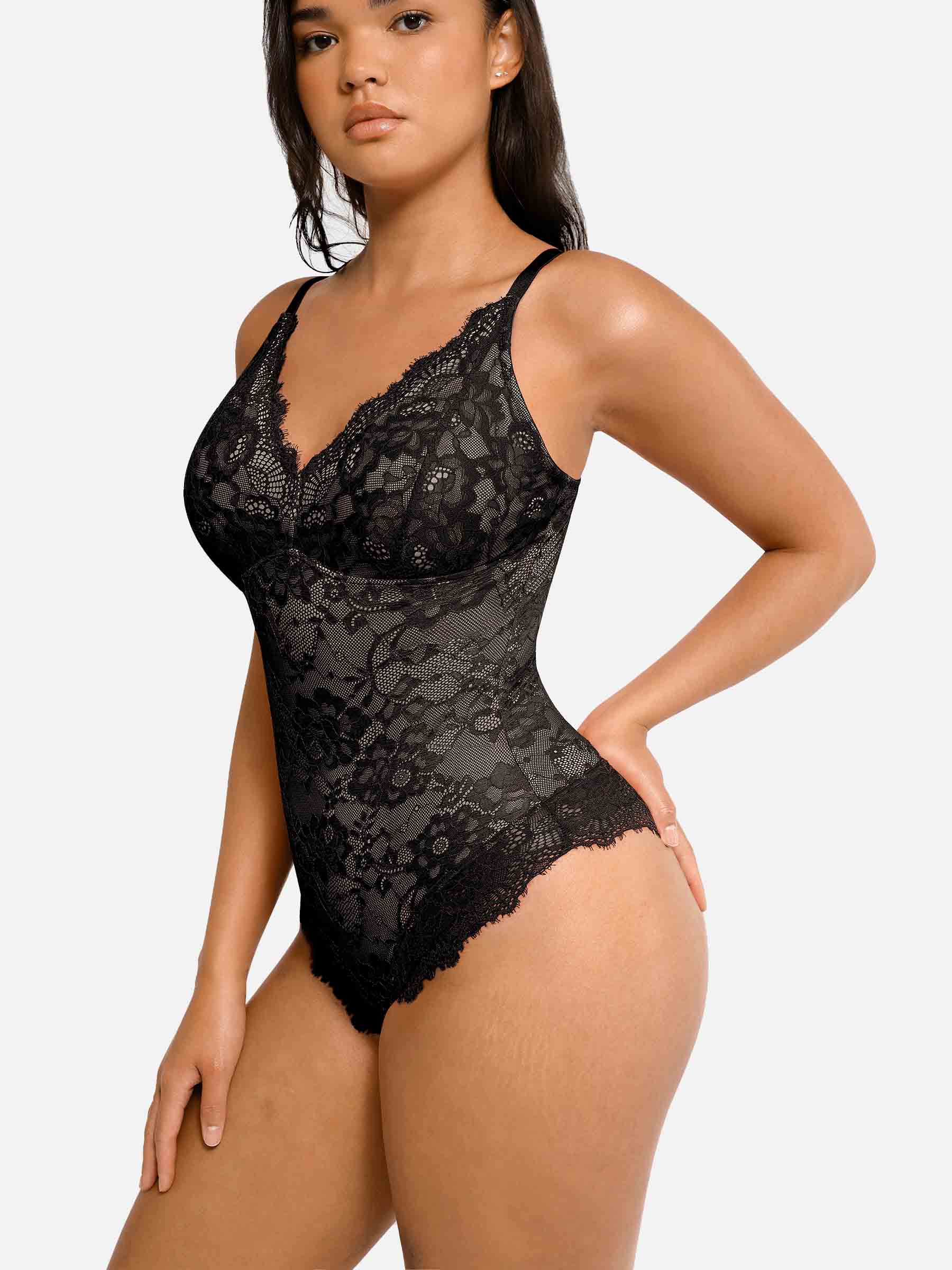 Feelingirl-V-Neck-Bodysuit-with-Lace-Fabric-BK1