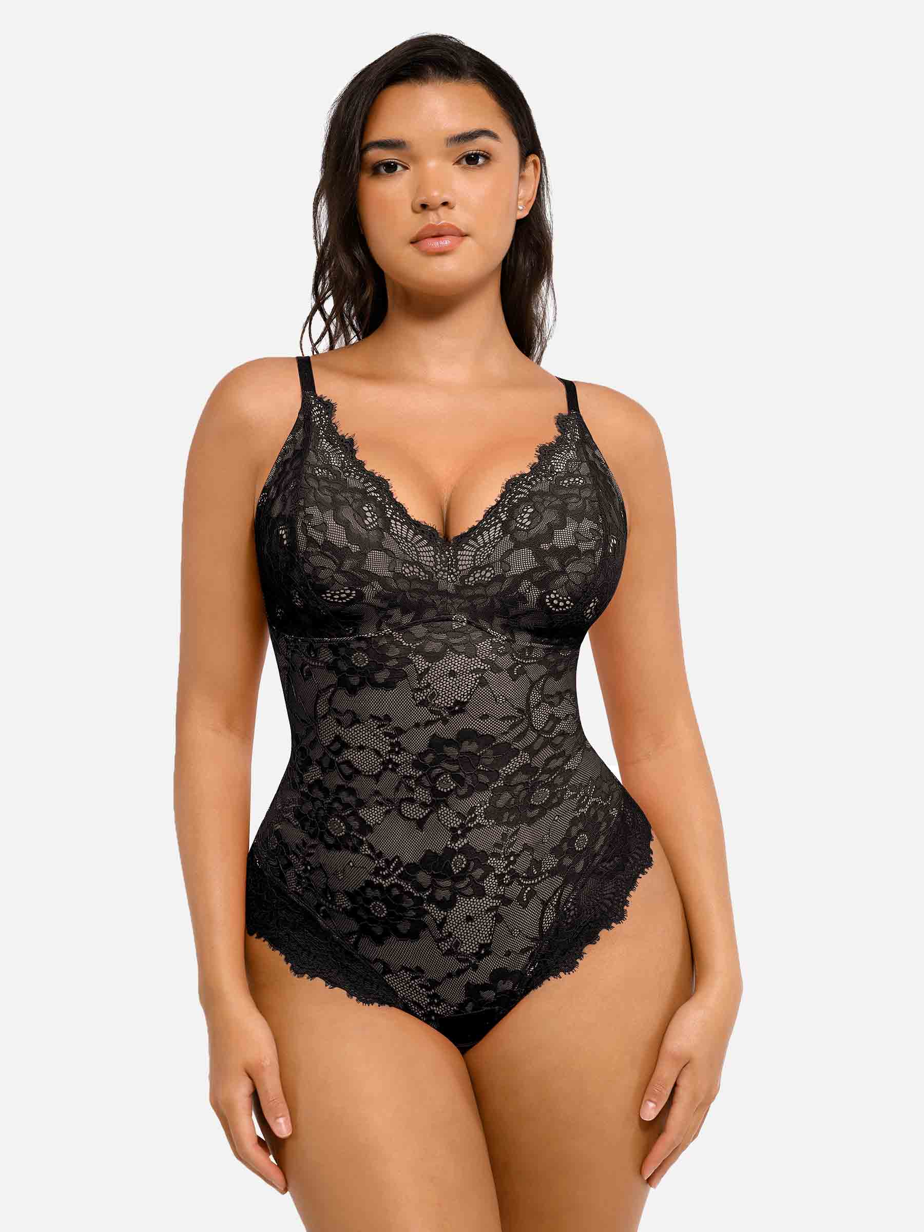 Feelingirl-V-Neck-Bodysuit-with-Lace-Fabric-BK1