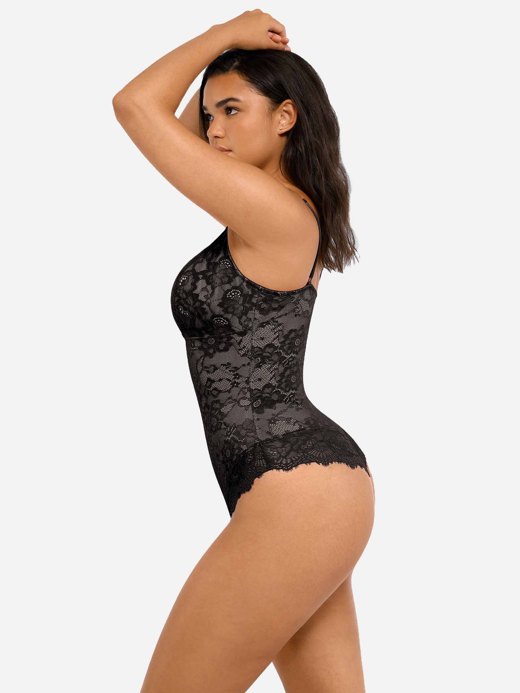 Feelingirl-V-Neck-Bodysuit-with-Lace-Fabric-BK1