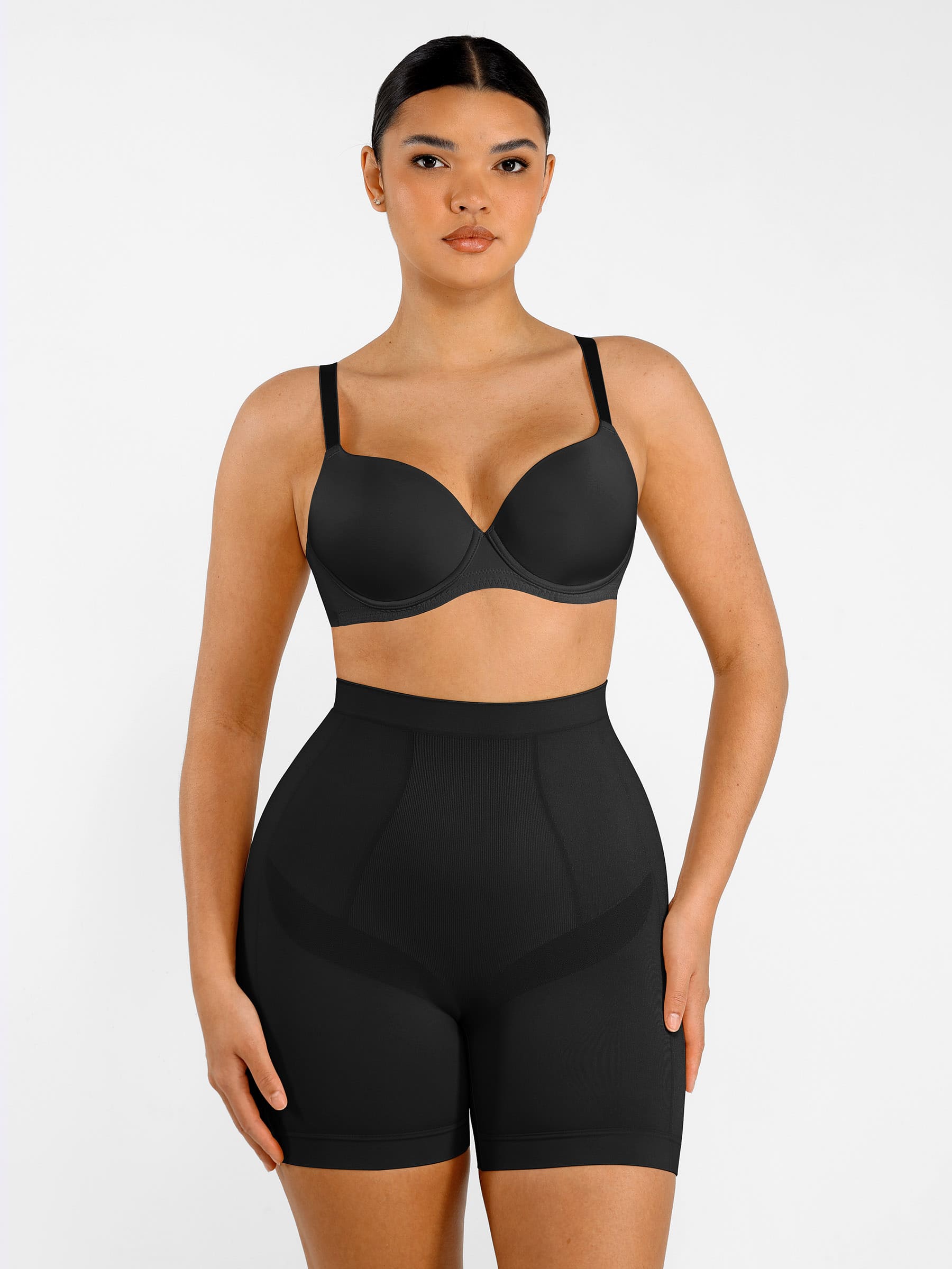 Feelingirl Seamless Comfort Mid-Waist Tummy Control Shaping Shorts - Light Compression & Breathable Design - Black