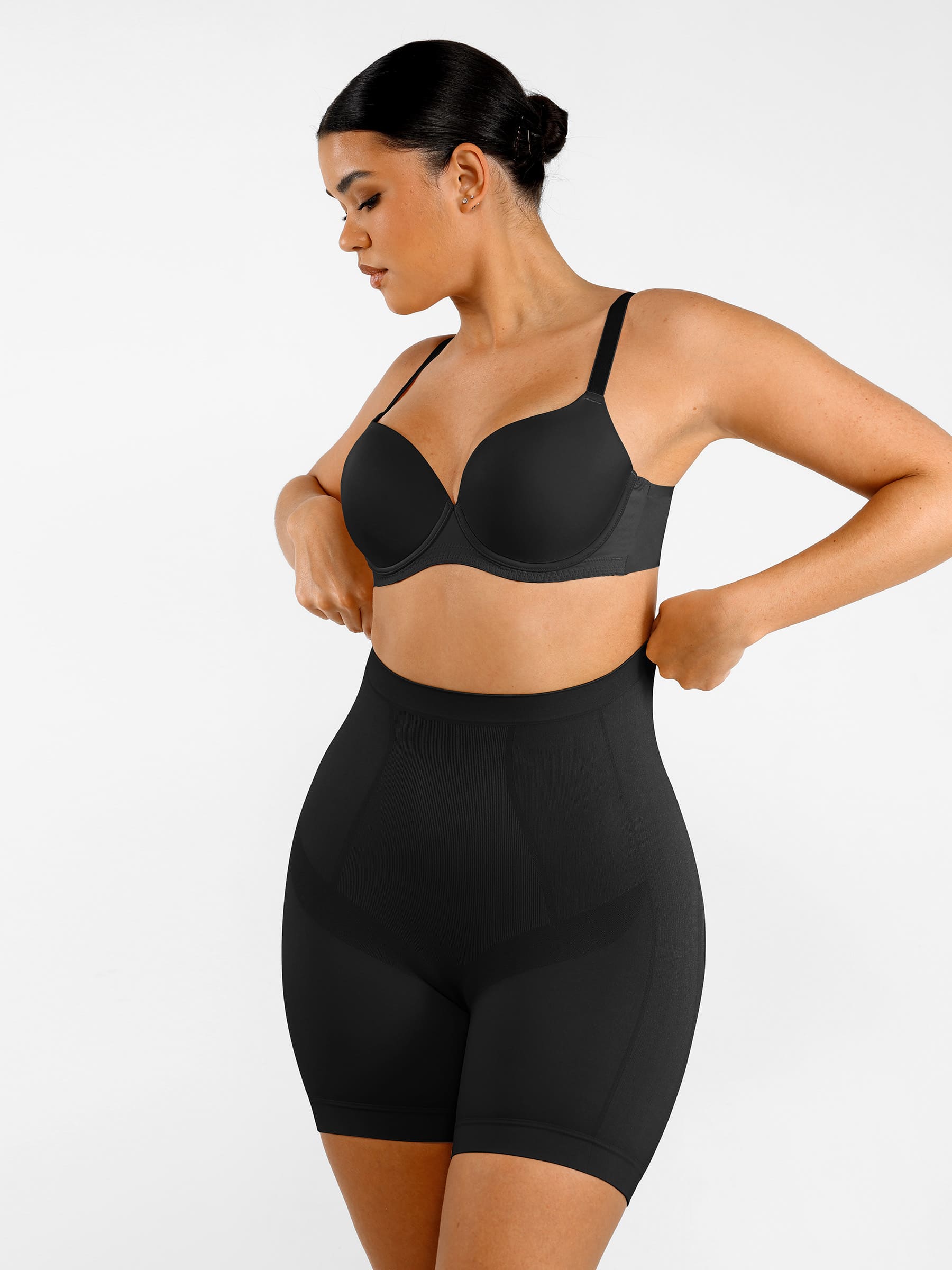 Feelingirl Seamless Comfort Mid-Waist Tummy Control Shaping Shorts - Light Compression & Breathable Design - Black