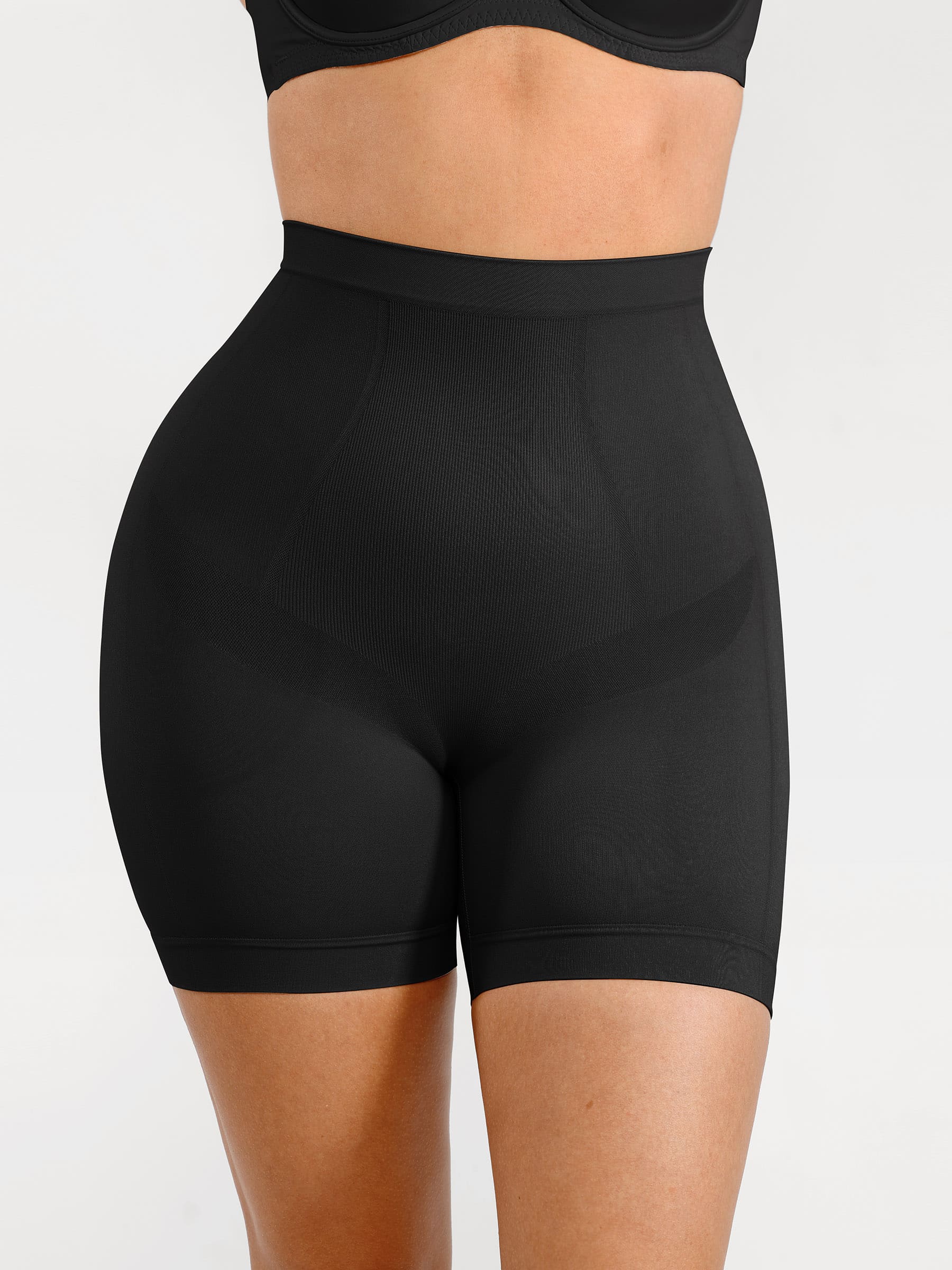 Feelingirl Seamless Comfort Mid-Waist Tummy Control Shaping Shorts - Light Compression & Breathable Design - Black