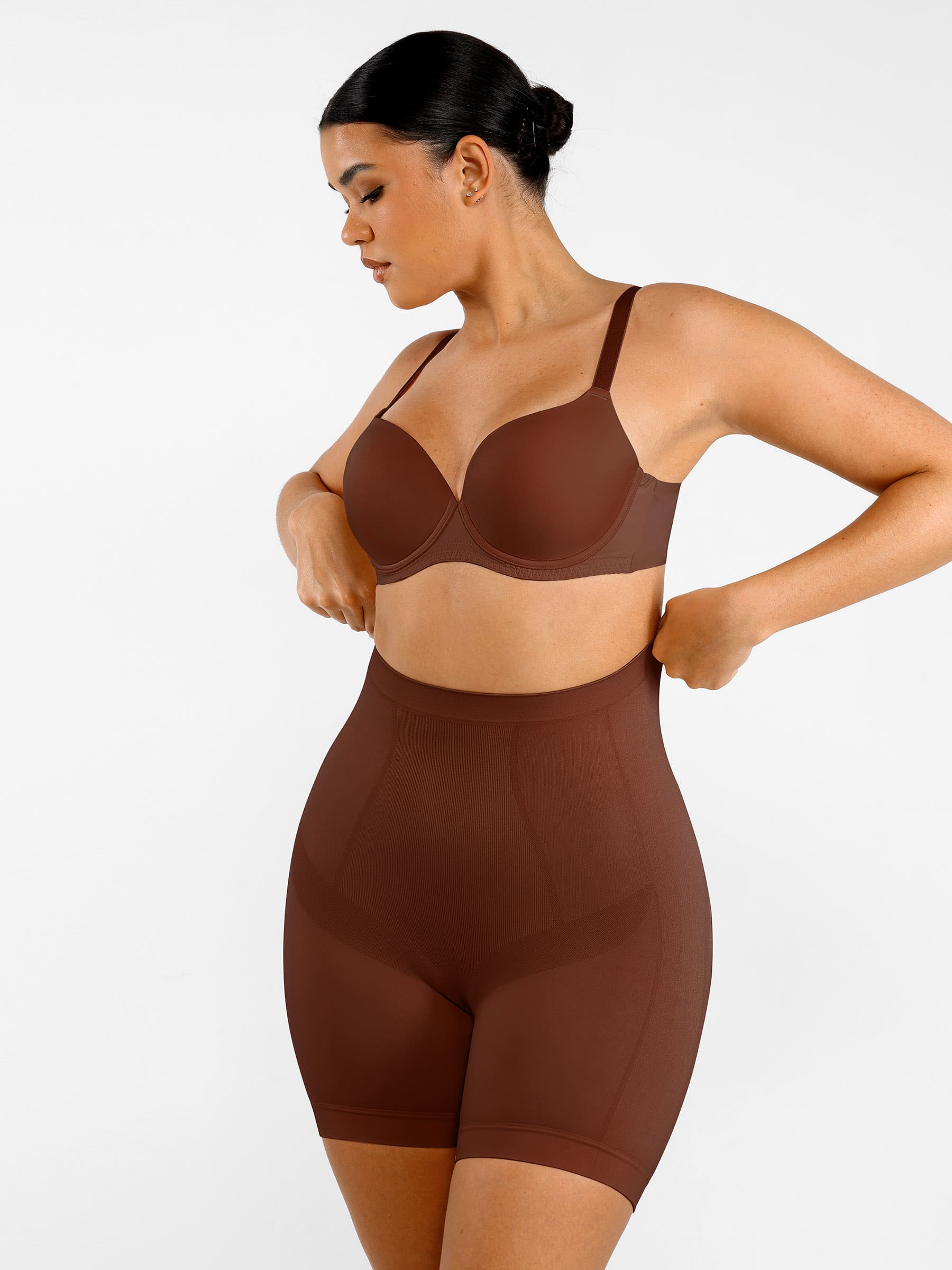 Feelingirl Seamless Comfort Mid-Waist Tummy Control Shaping Shorts - Light Compression & Breathable Design - Mocca