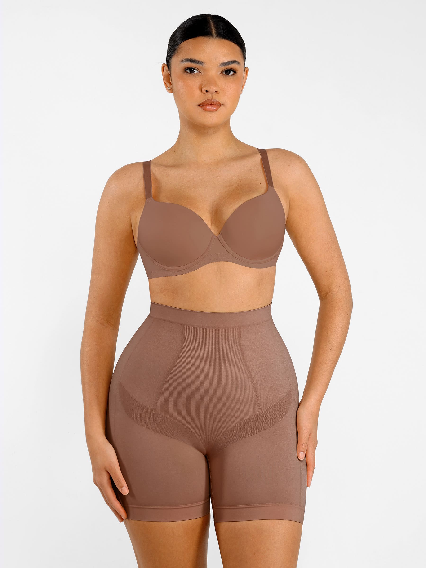 Feelingirl Seamless Comfort Mid-Waist Tummy Control Shaping Shorts - Light Compression & Breathable Design - Light Coffee