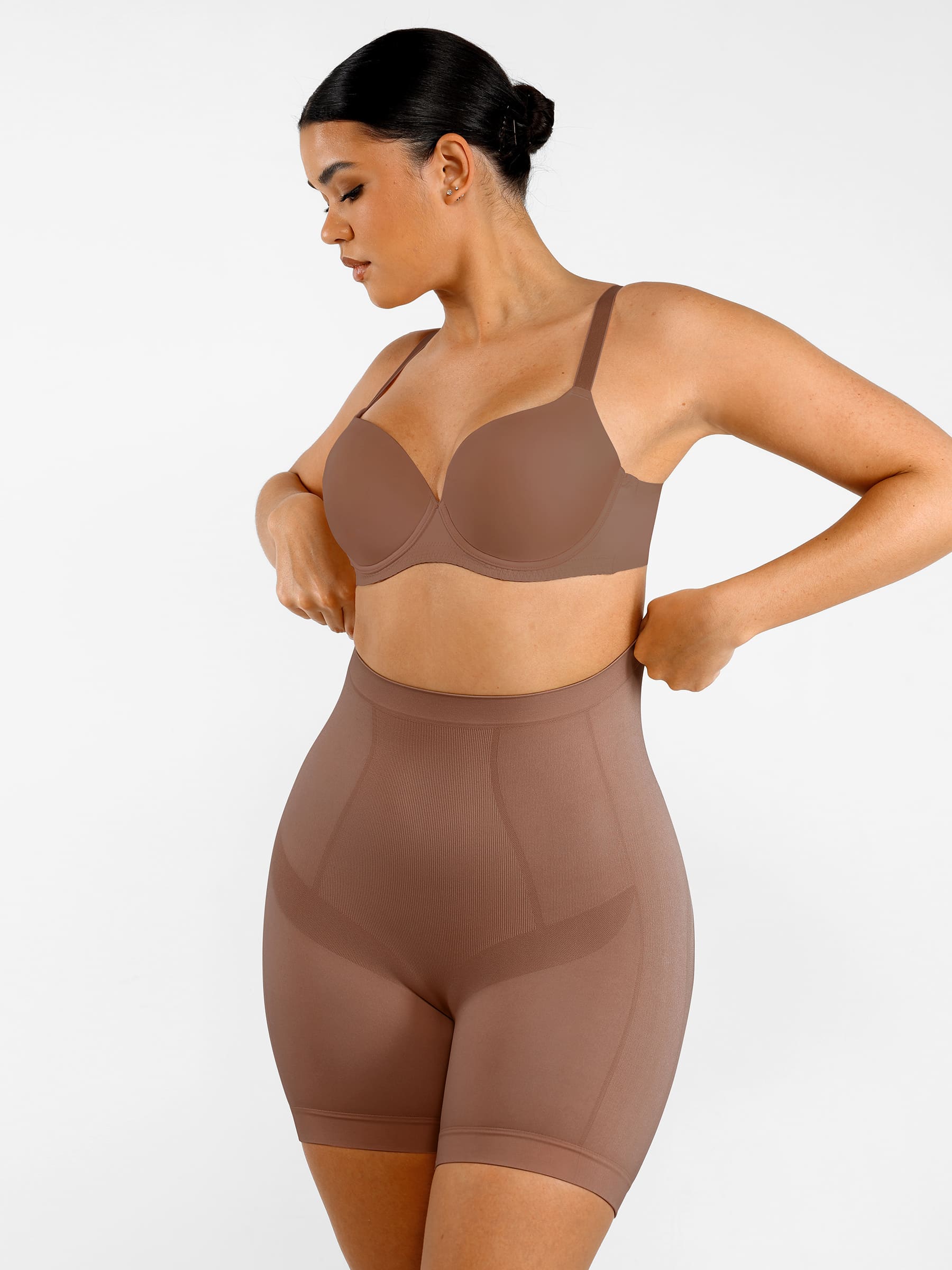 Feelingirl Seamless Comfort Mid-Waist Tummy Control Shaping Shorts - Light Compression & Breathable Design - Light Coffee