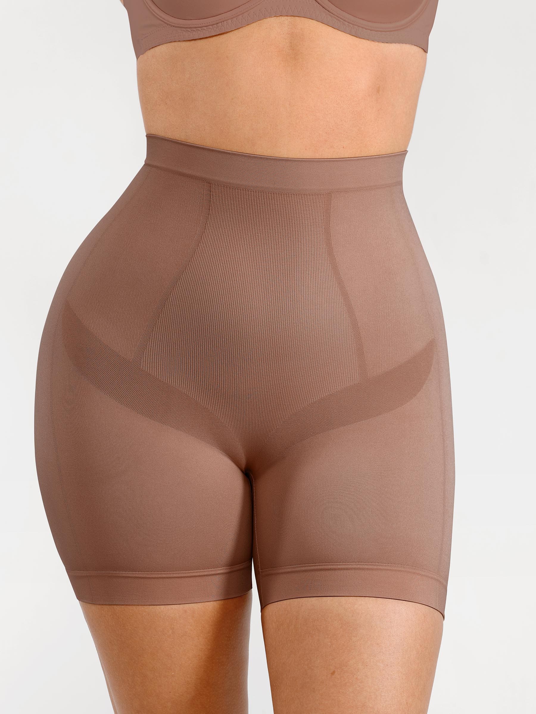 Feelingirl Seamless Comfort Mid-Waist Tummy Control Shaping Shorts - Light Compression & Breathable Design - Light Coffee