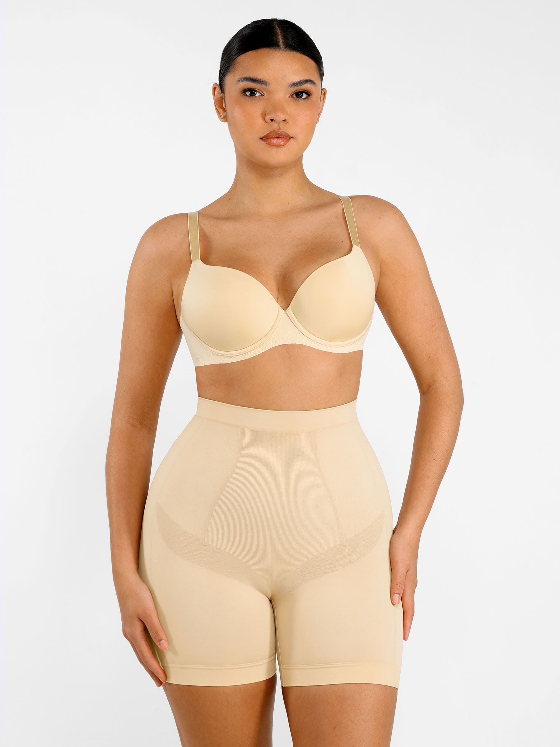 Feelingirl Seamless Comfort Mid-Waist Tummy Control Shaping Shorts - Light Compression & Breathable Design - Light Beige