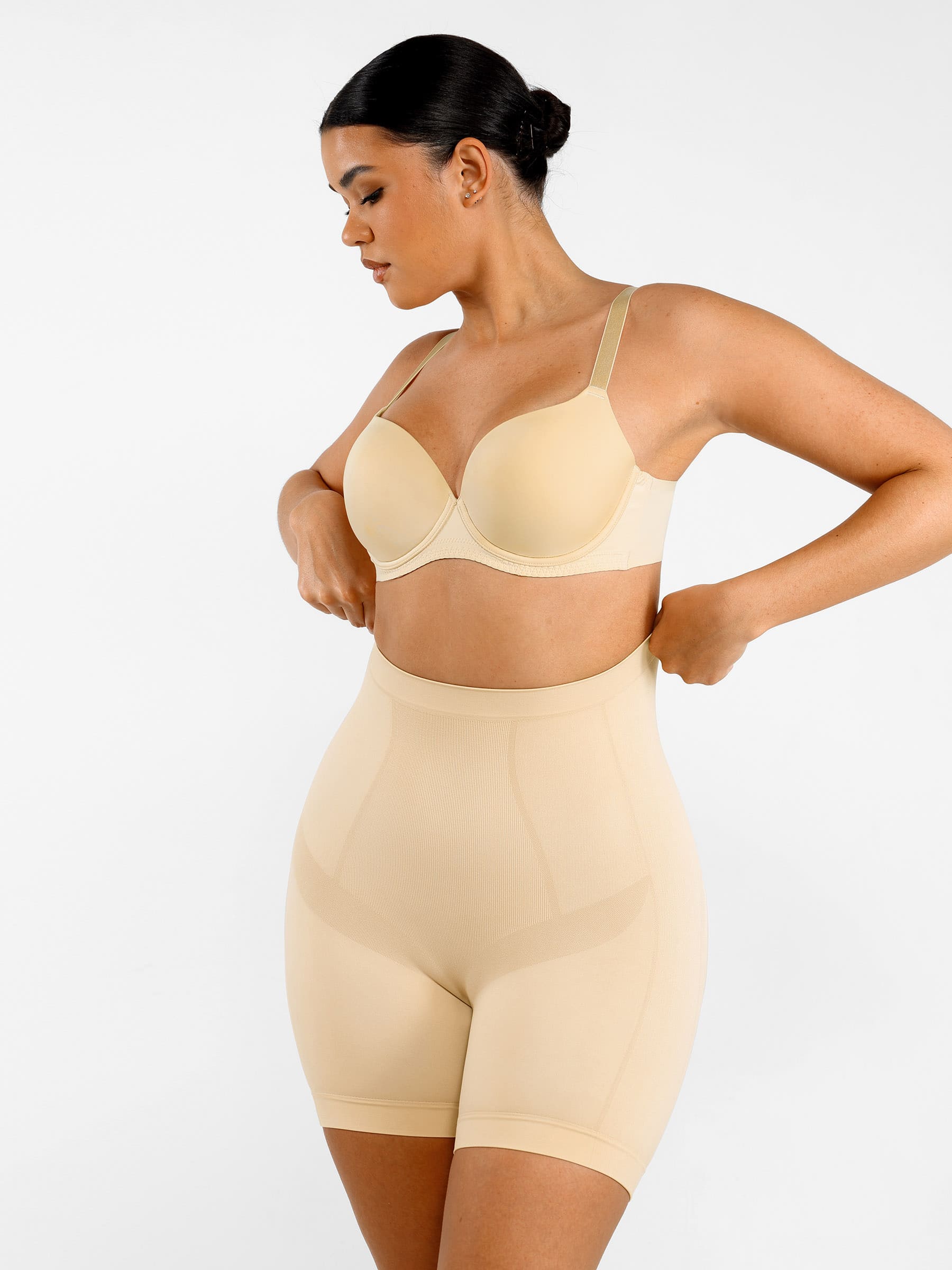 Feelingirl Seamless Comfort Mid-Waist Tummy Control Shaping Shorts - Light Compression & Breathable Design - Light Beige