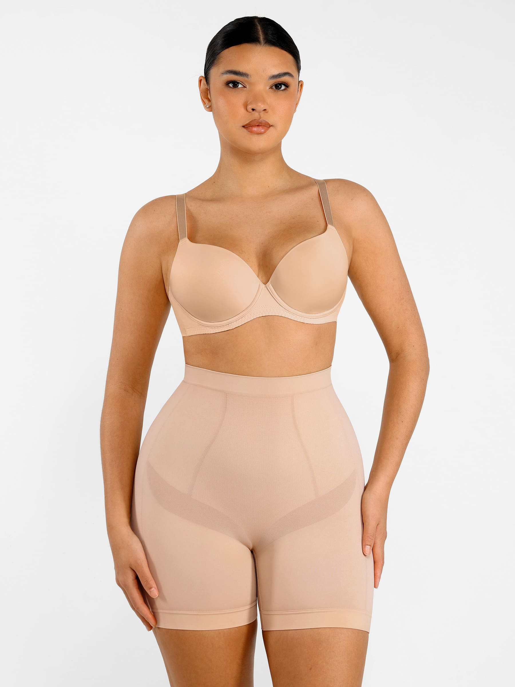 Feelingirl Seamless Comfort Mid-Waist Tummy Control Shaping Shorts - Light Compression & Breathable Design - Pink Skin