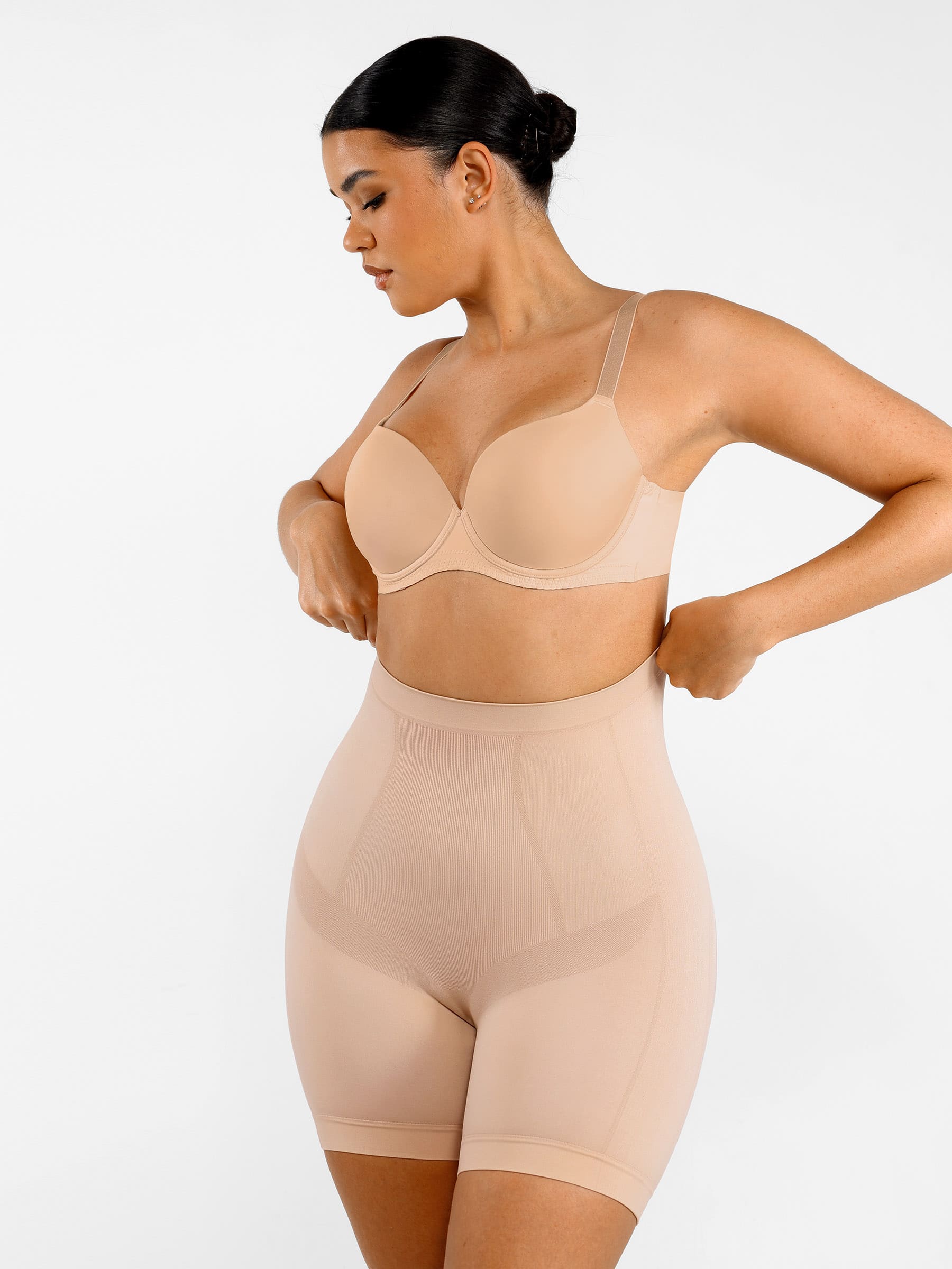 Feelingirl Seamless Comfort Mid-Waist Tummy Control Shaping Shorts - Light Compression & Breathable Design - Pink Skin