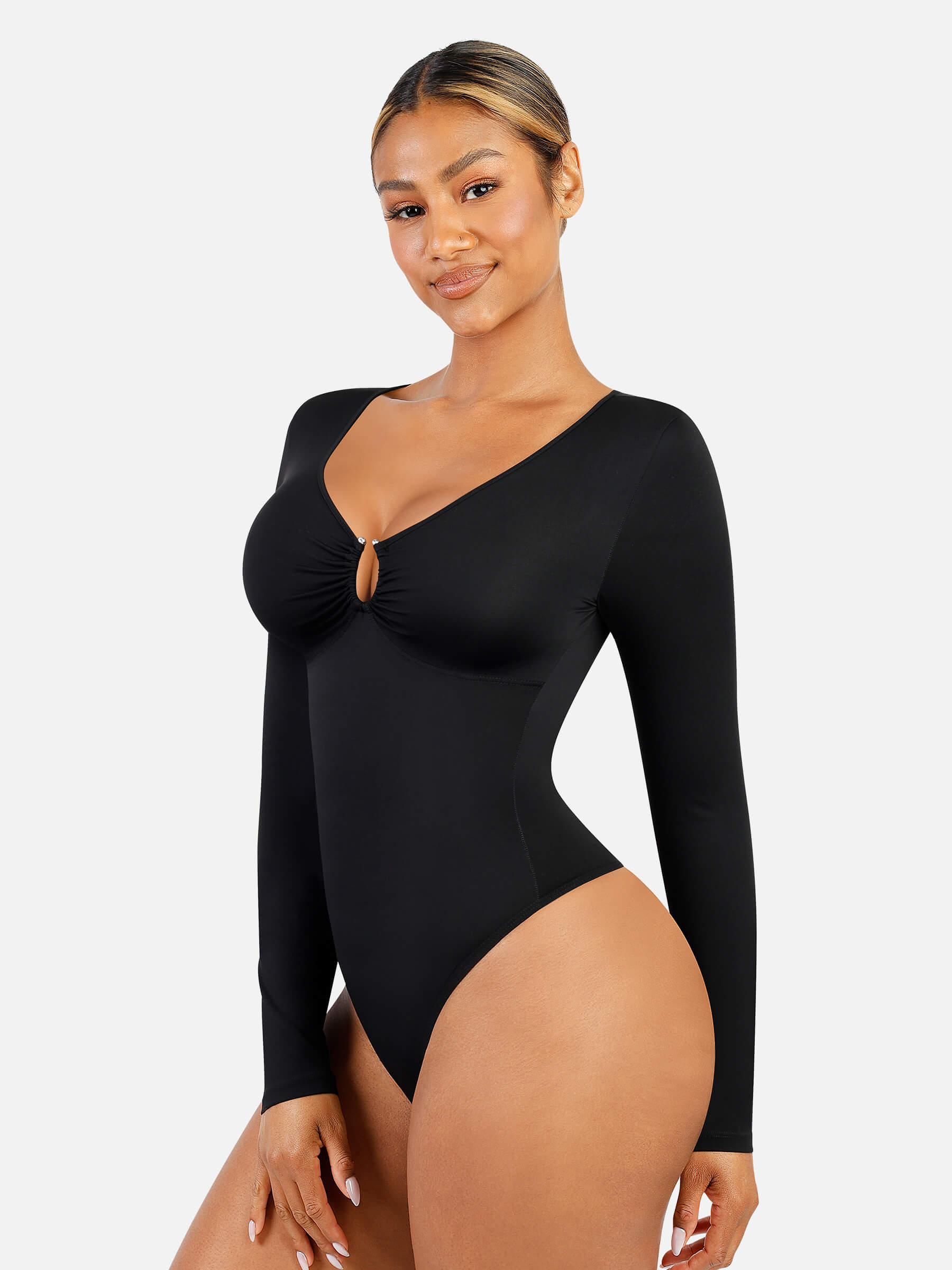 Feelingirl Deep V-Neck Rhinestone Shapewear Bodysuit