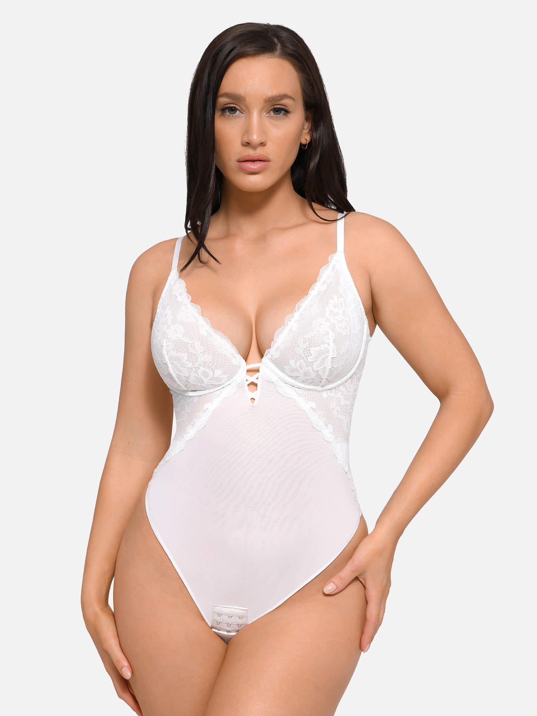 Feelingirl V Neck Elegant Lace Sculpting Thongs Bodysuit