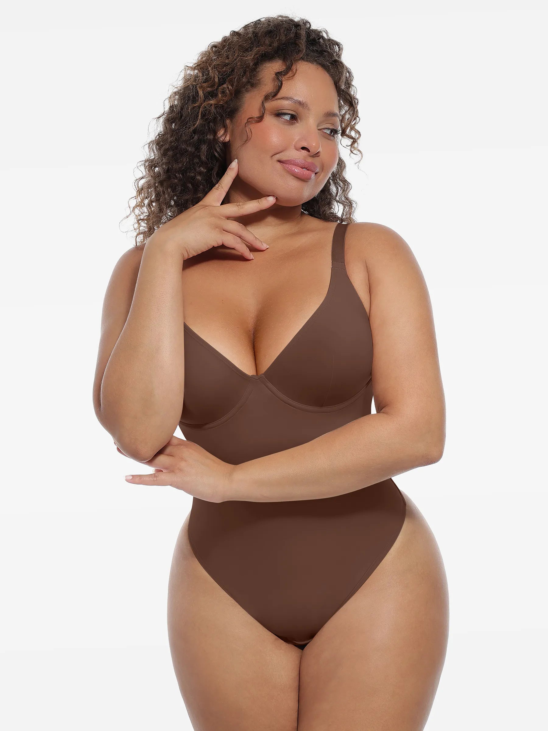 FeelinGirl Body Shapewear Donna Manica Lunga - Controllo Pancia E Perizoma, Scollo A V, Cioccolato XL