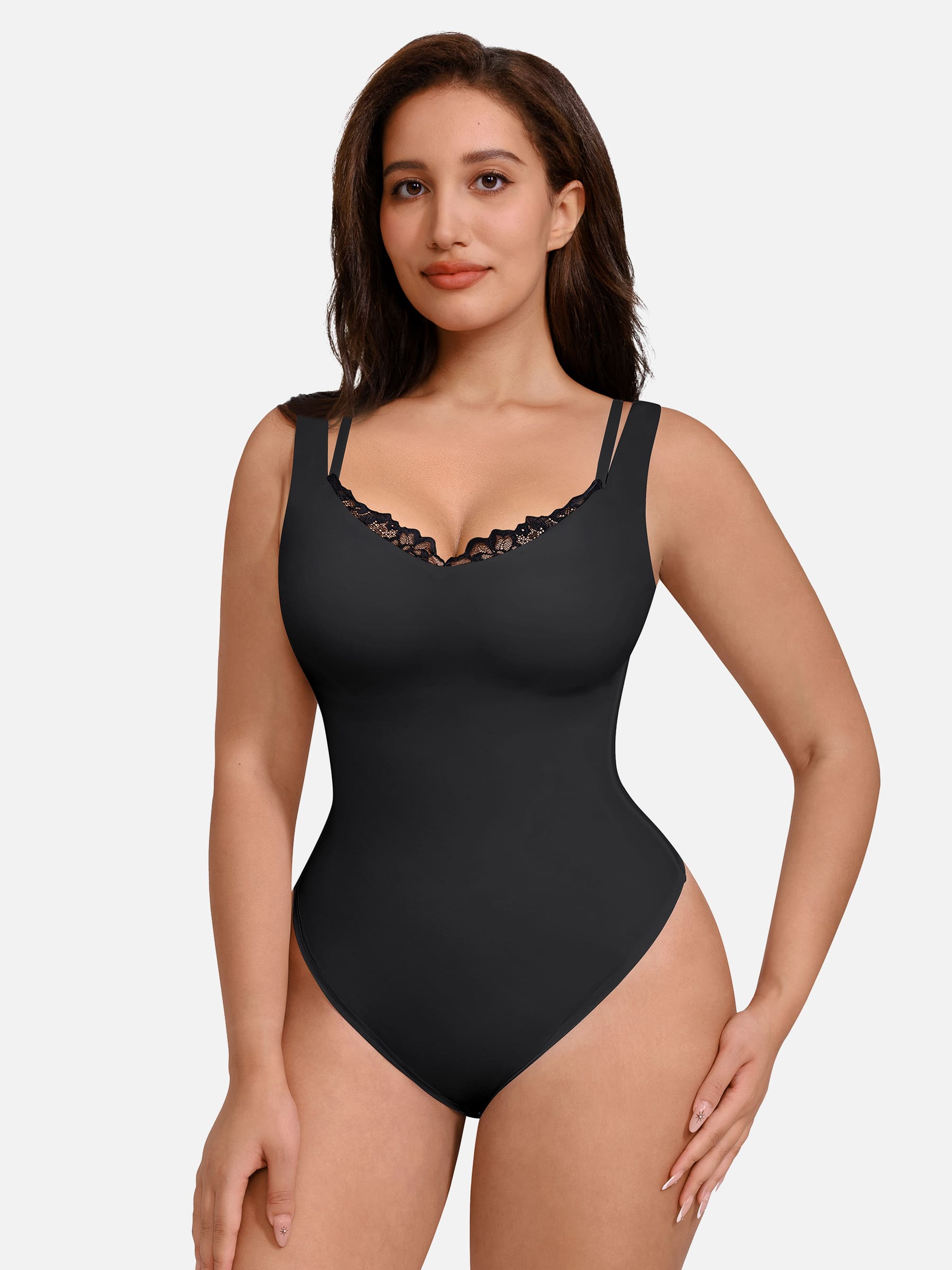 Feelingirl Lace-Trimmed Deep V Bodysuit
