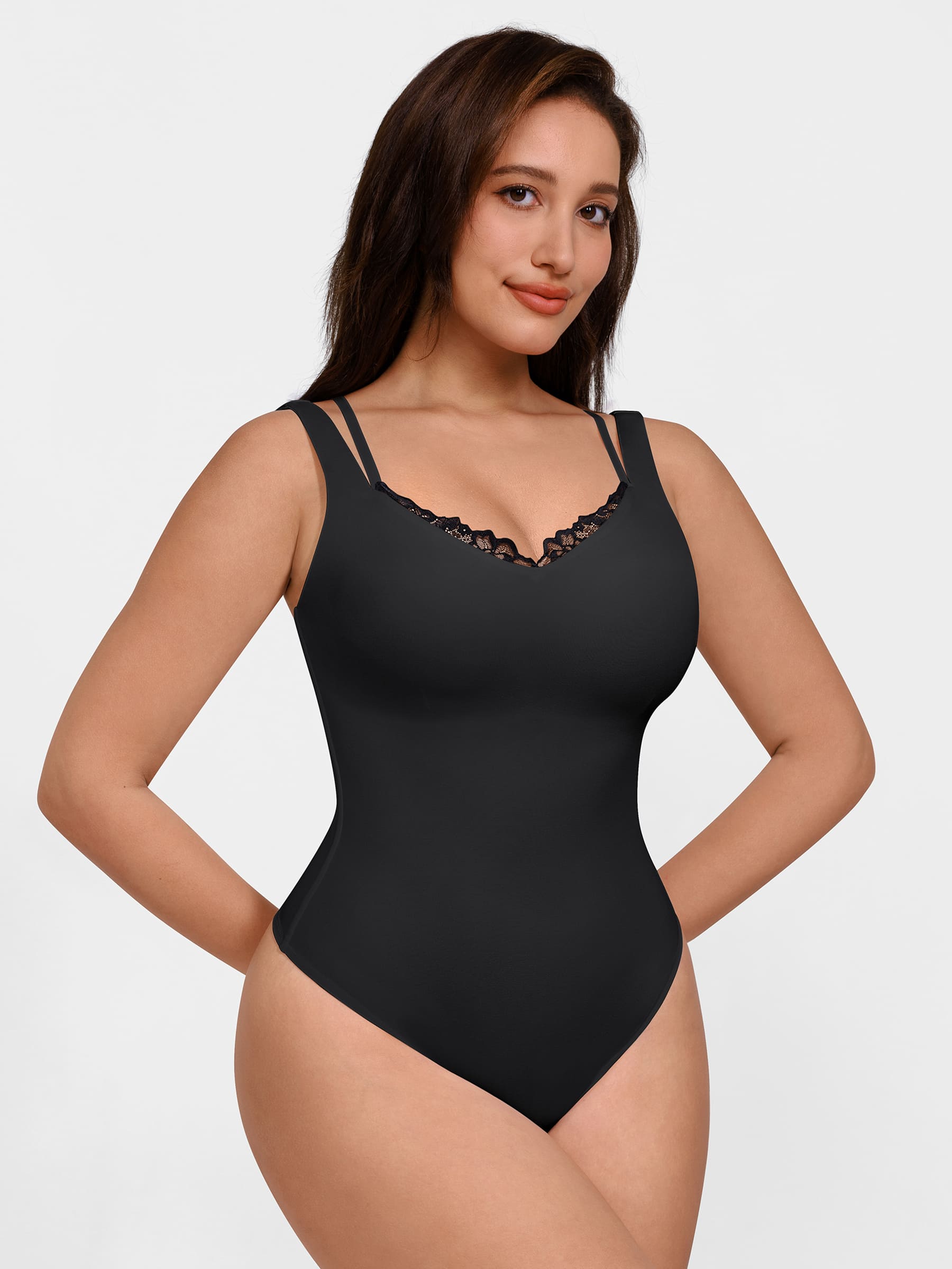 Feelingirl Lace-Trimmed Deep V Bodysuit