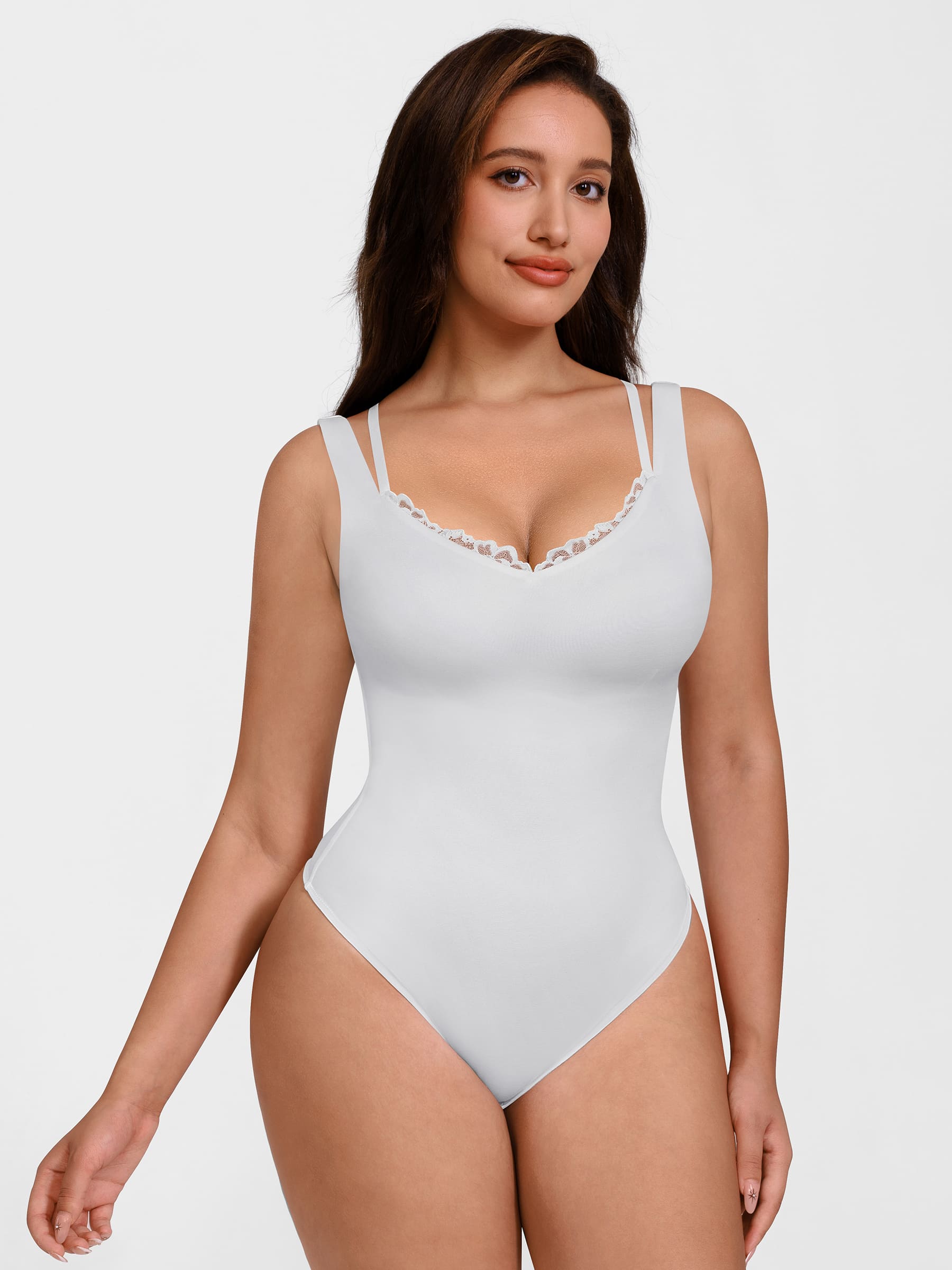 Feelingirl Lace-Trimmed Deep V Bodysuit