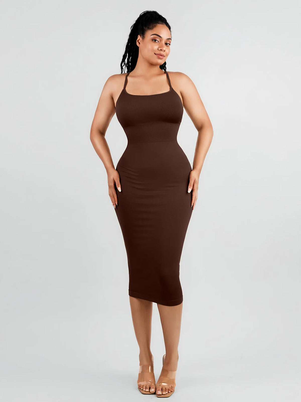 Front profile of a dark brown ribbed cami dress with removable pads and adjustable slim straps for everyday smoothing