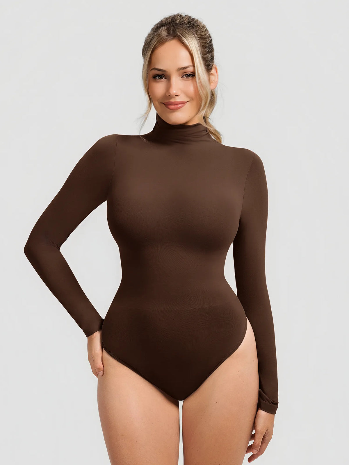 Shop a high neck seamless bodysuit with buttery-soft fabric, light tummy control, and a second-skin fit. Versatile for layering, work, and everyday wear.
