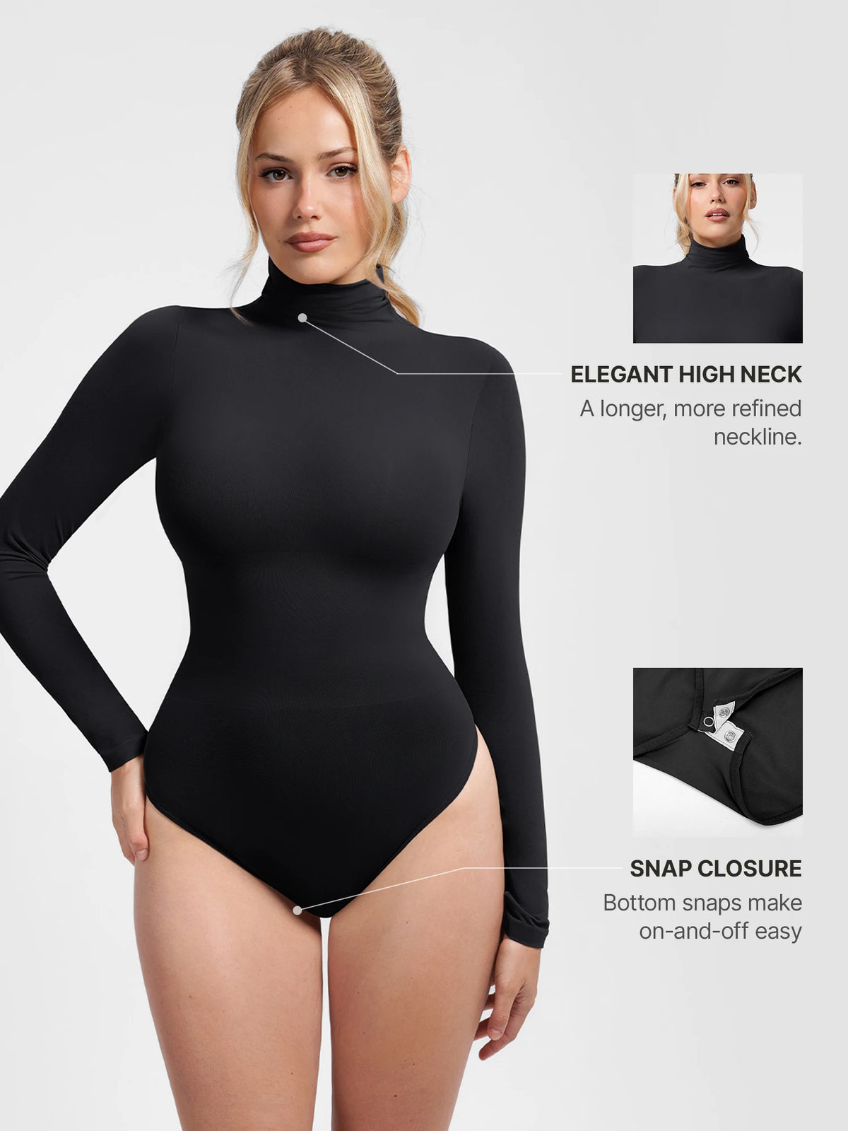 Front view of a model in a black high-neck long-sleeve sculpting bodysuit made with naked-feel yarn and crotch snap closure