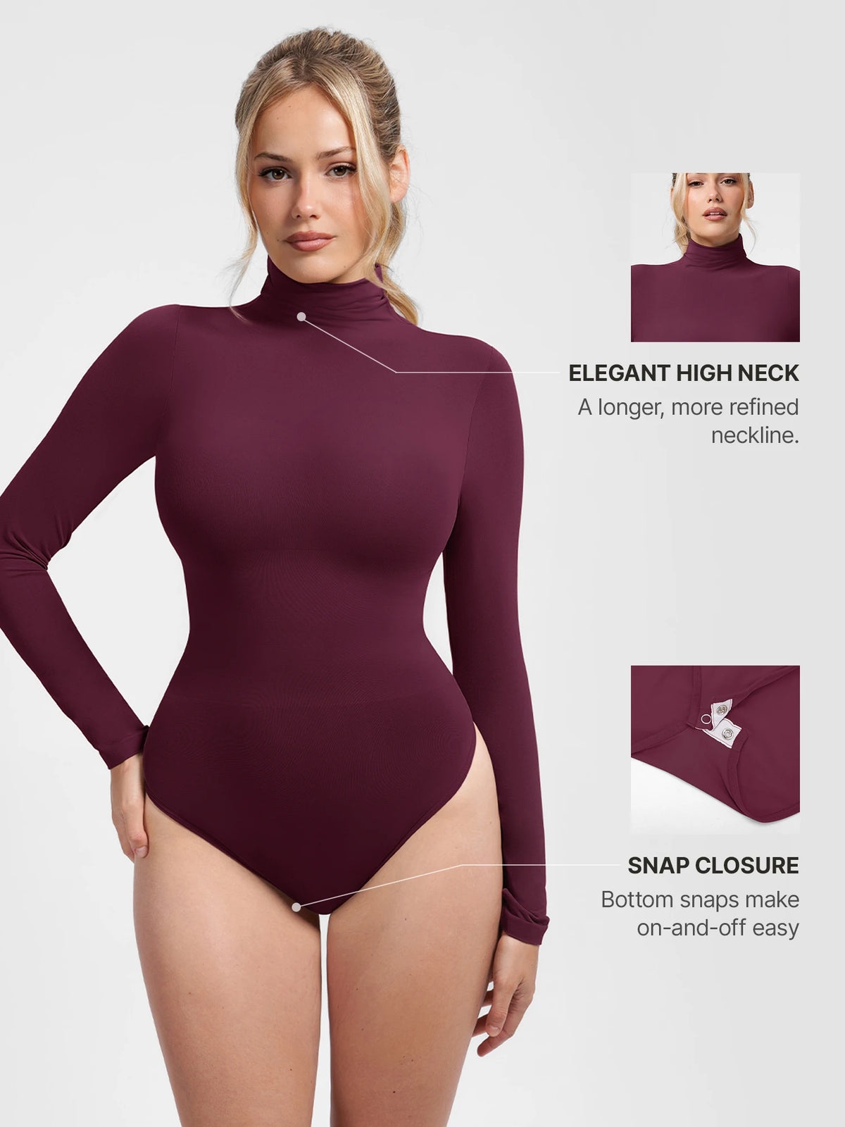 Front view of a burgundy high-neck long-sleeve bodysuit featuring seamless targeted waist compression and bikini cut bottom