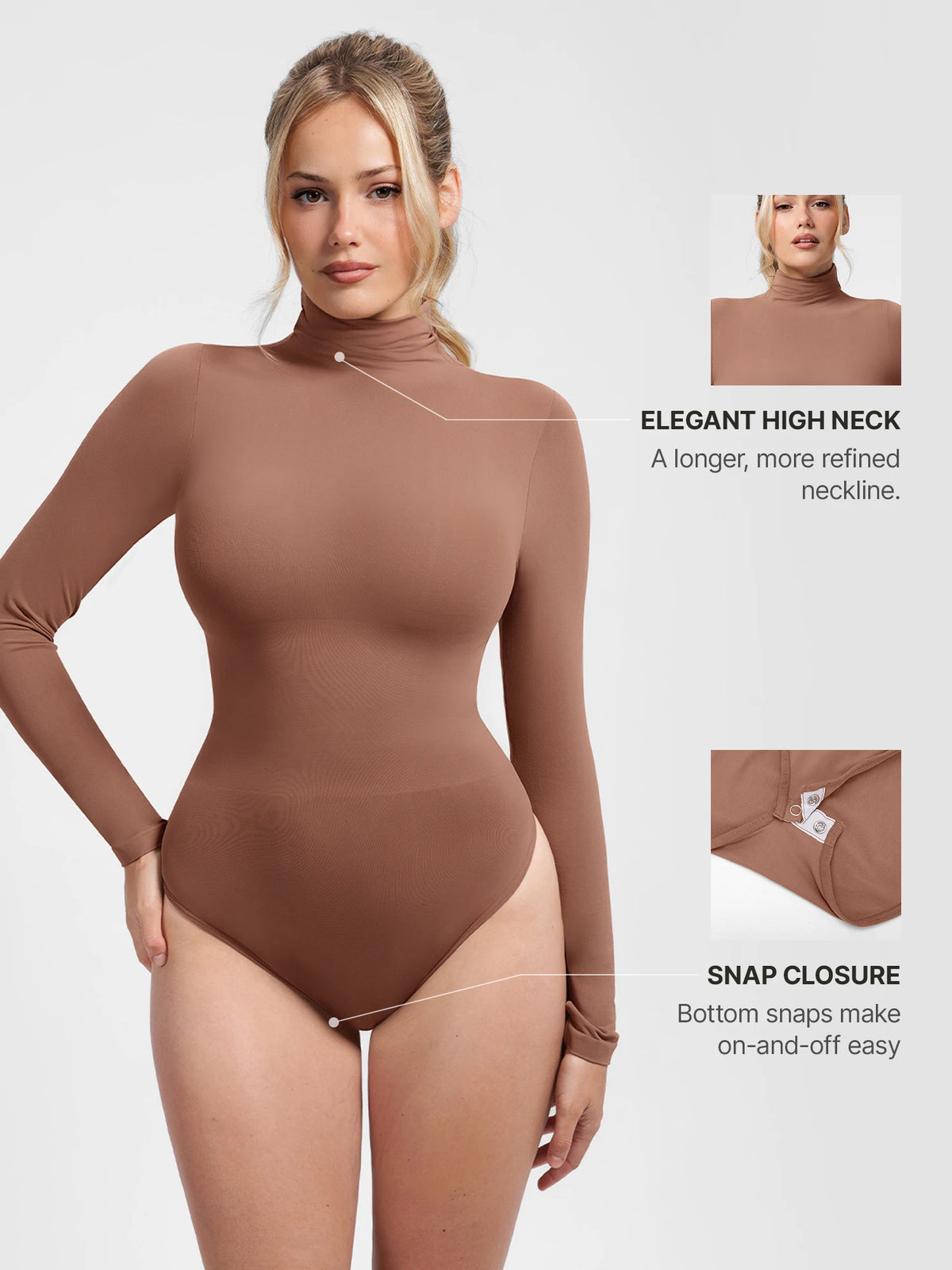 Front profile of a model wearing a light brown high-neck sculpting bodysuit with butter-soft naked-feel yarn