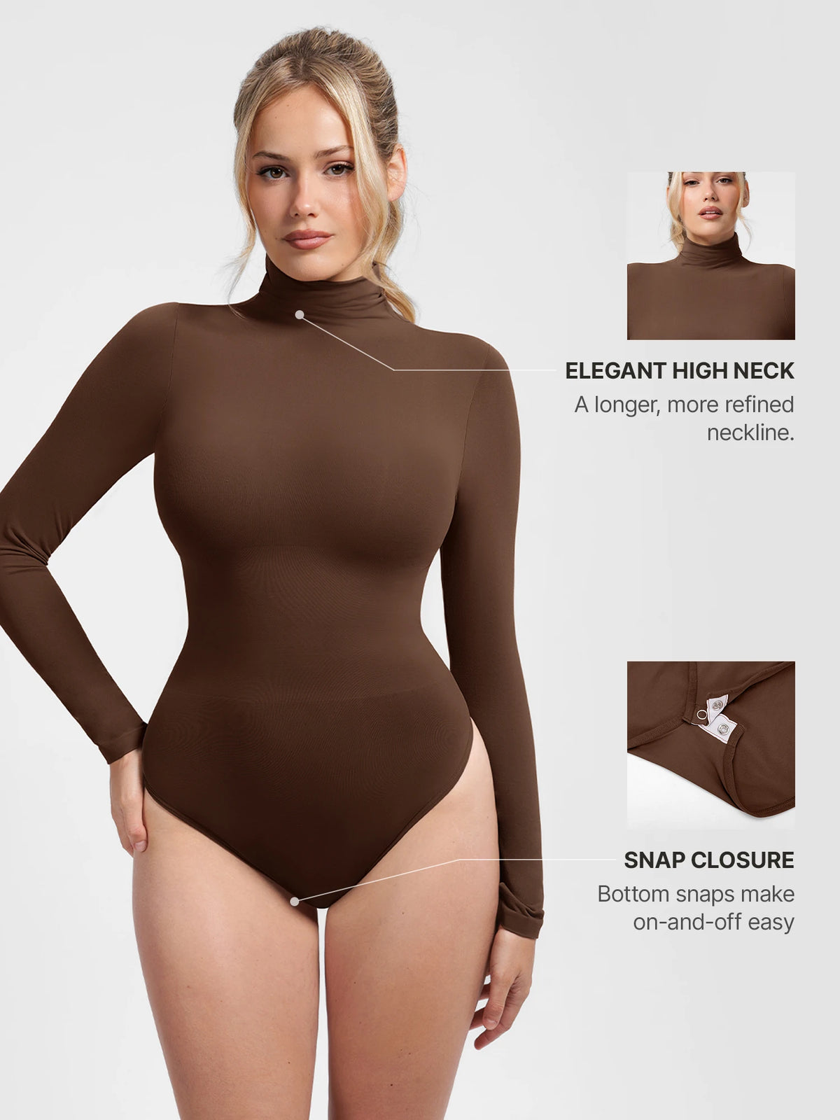 Front view of a dark brown long-sleeve high-neck bodysuit showing elegant neckline fit and seamless waist shaping