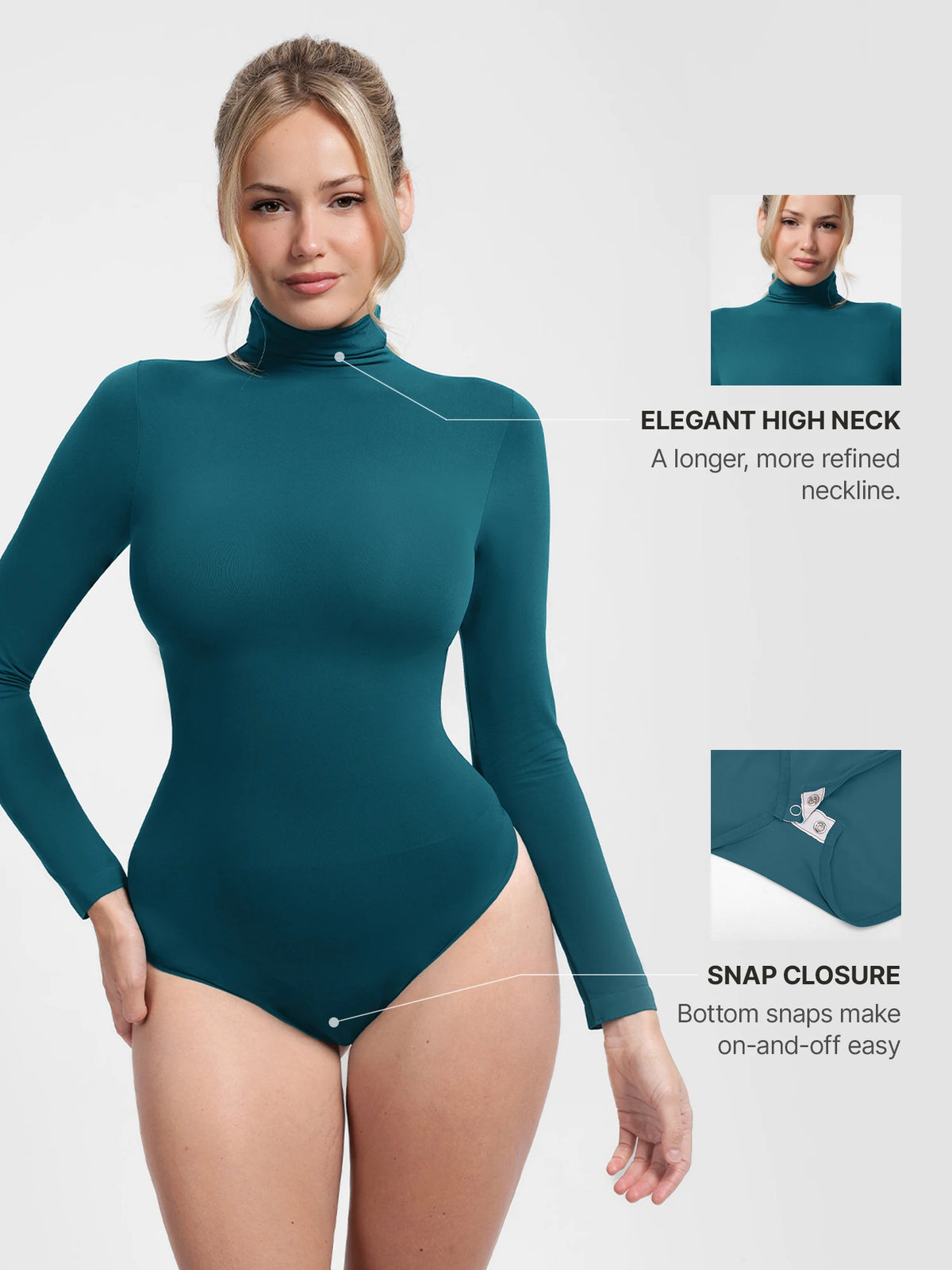 Front profile of a teal blue high-neck long-sleeve bodysuit designed for versatile daily wear with convenient snap closure