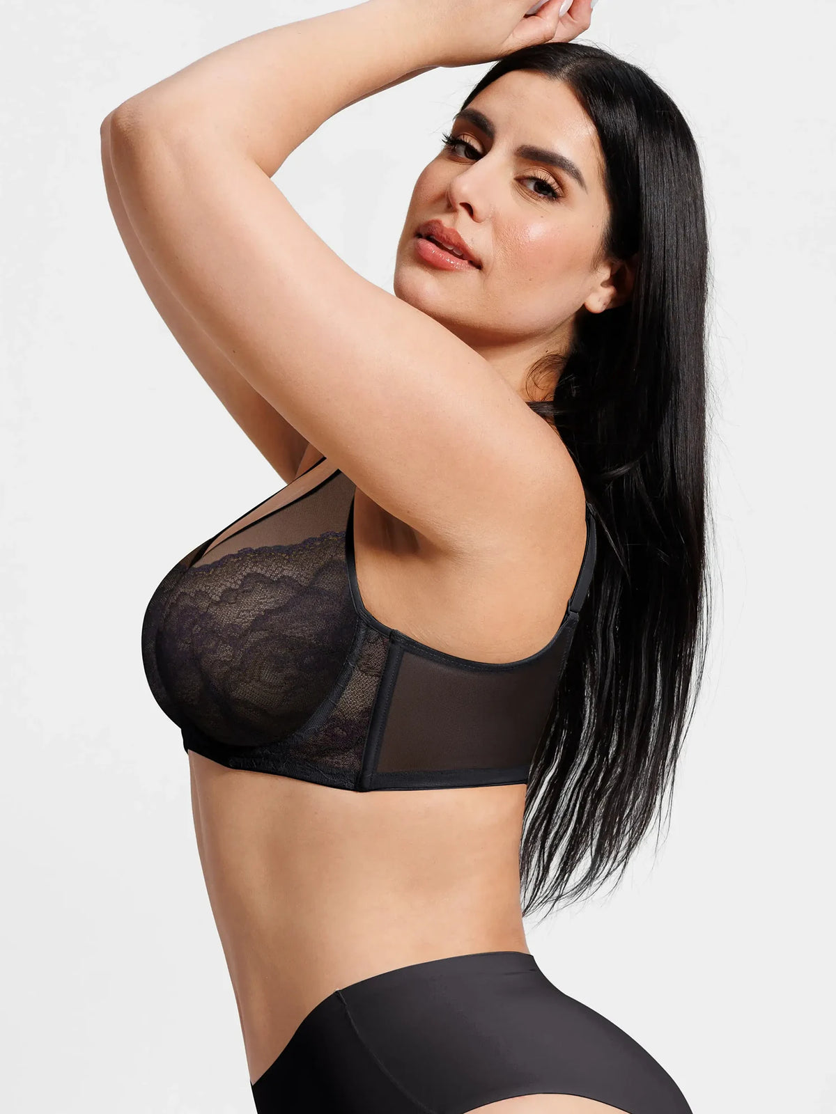 Feelingirl Lace Underwire Minimizer Bra – Unlined sheer cups, side smoothing, and breathable mesh for a naturally slimmer look.
